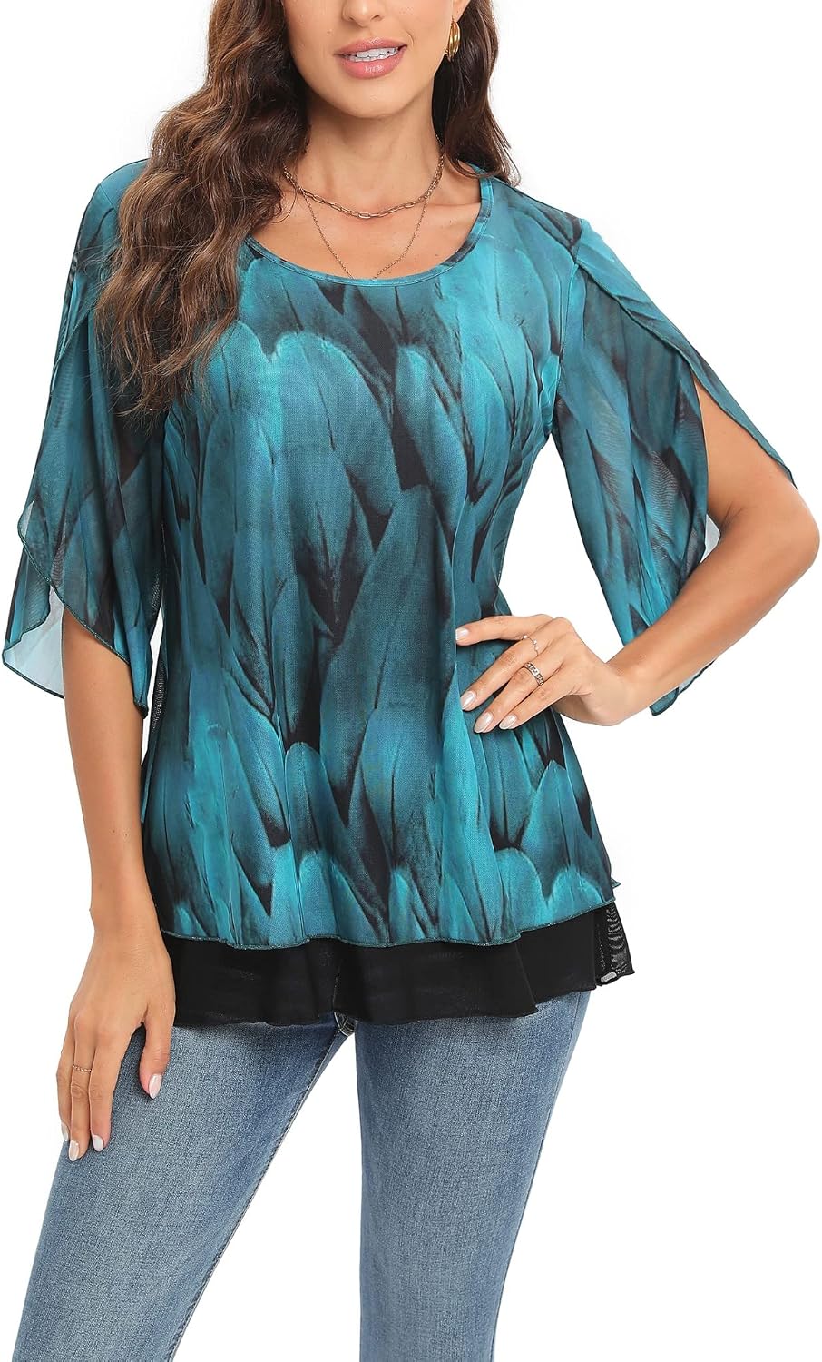 Ruffle 3/4 Sleeve Mesh Blouses
