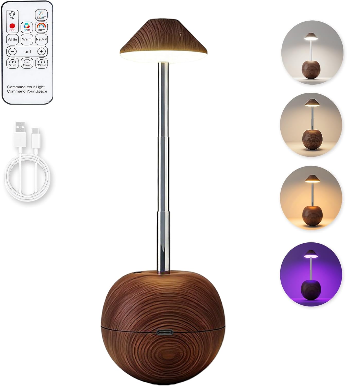 Tumbler Table Lamp with Remote, Cordless Touch Bedside Lamp, Rechargeable USB Small Lamp for Nightstand, LED Dimmable Mushroom Design Night Light for Nursery, Bedroom (Walnut)