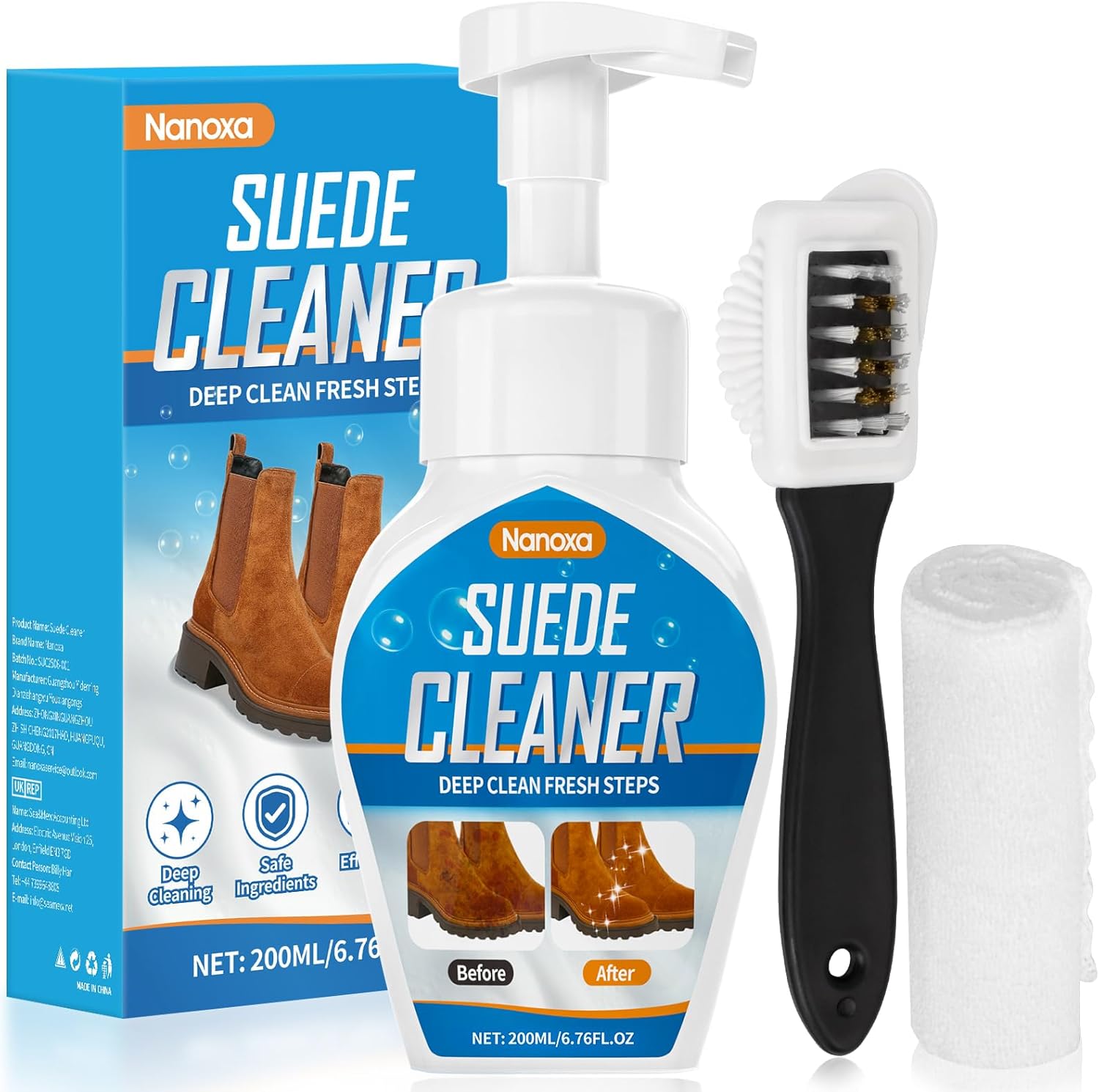 Nanoxa Suede Shoe Cleaner, Suede Cleaner Removes Dirt and Stains, Suede Shoe Cleaning Kit with Brush and Towel, Foam Shoe Cleaner for Suede, Nubuck, Leather, Boots, Sneakers & Trainers