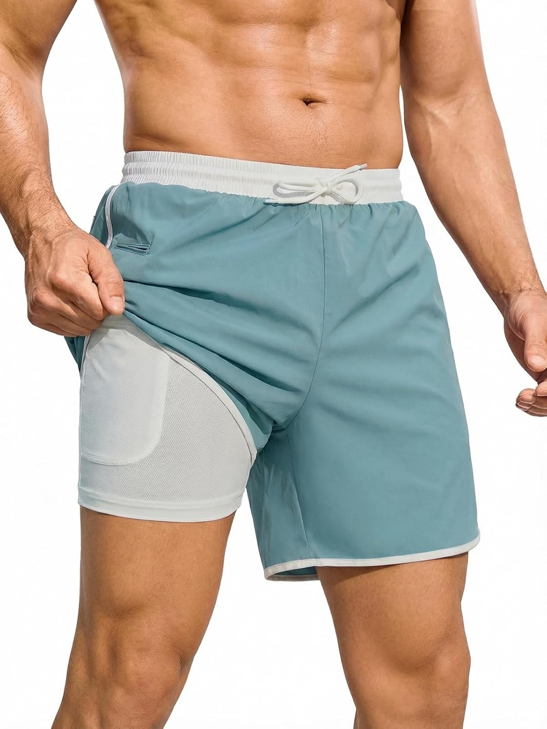 Mens Swim Trunks with Compression Liner 5 Inch Swim Shorts Retro Quick Dry Beach Board Shorts with Zipper Pockets