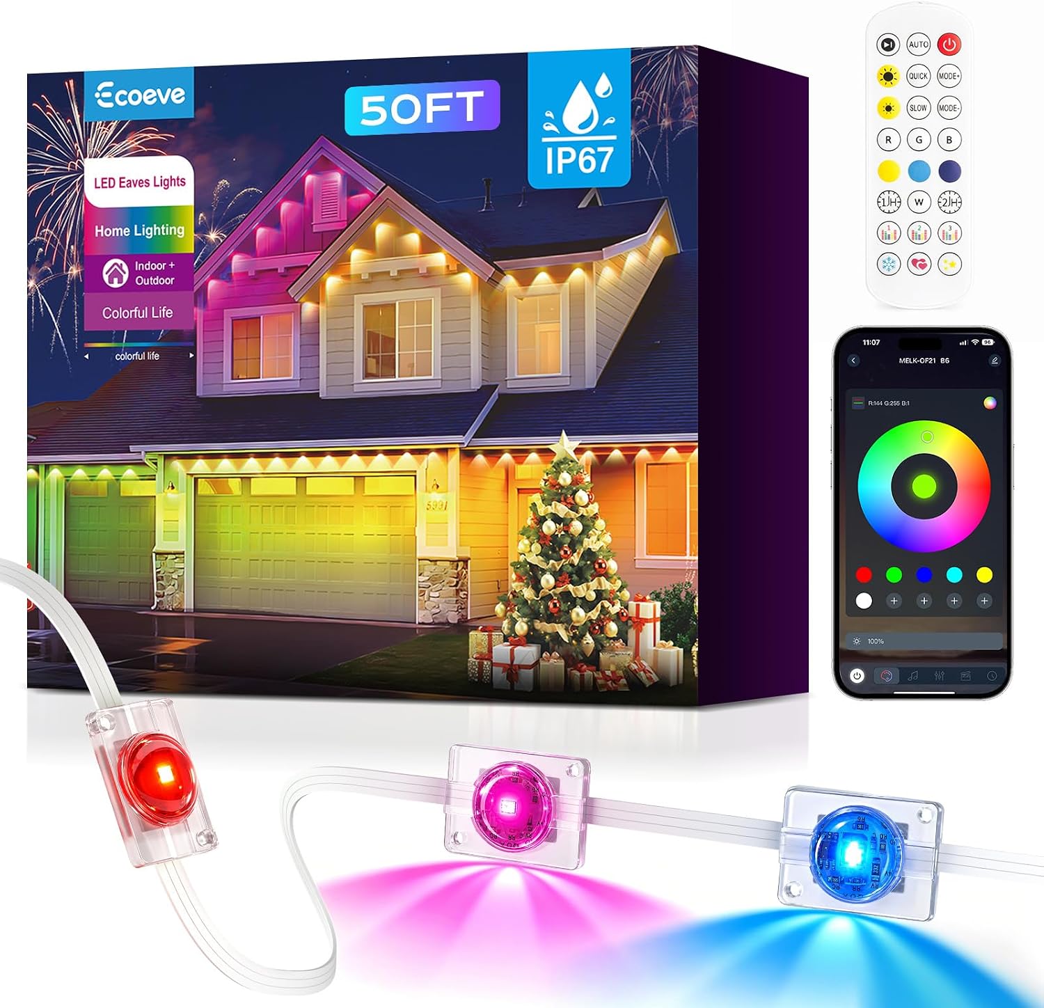 Ecoeve Permanent Outdoor Lights for House, 50ft Christmas RGB+IC Lights