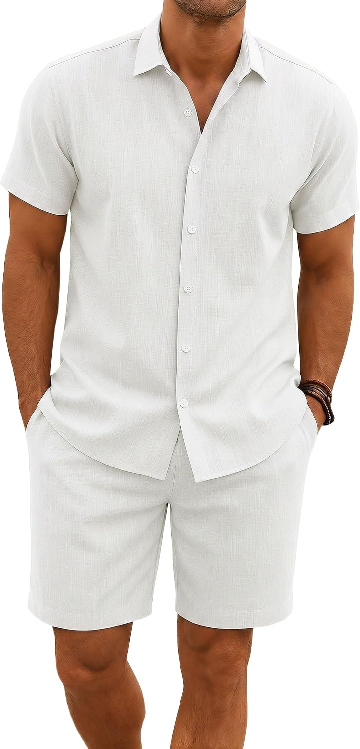 Men's Summer Beach party hawaiian Outfits 2 Piece Short Sleeve Shirts and Shorts Vacation Texture Linen Sets