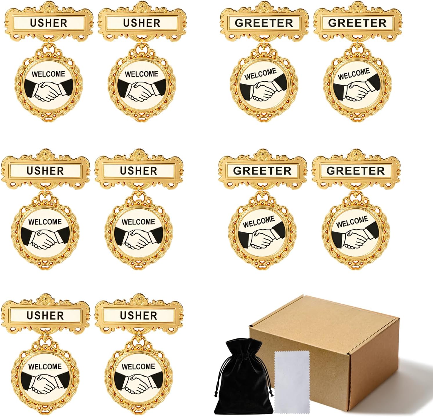 10 Pcs Usher Badges for Church & Greeter Badges for Church - Gold Usher Pins for Church Set with Handshake Design, Round Lapel Name Tags for Usher Uniforms for Church (With Bag & Cloth)