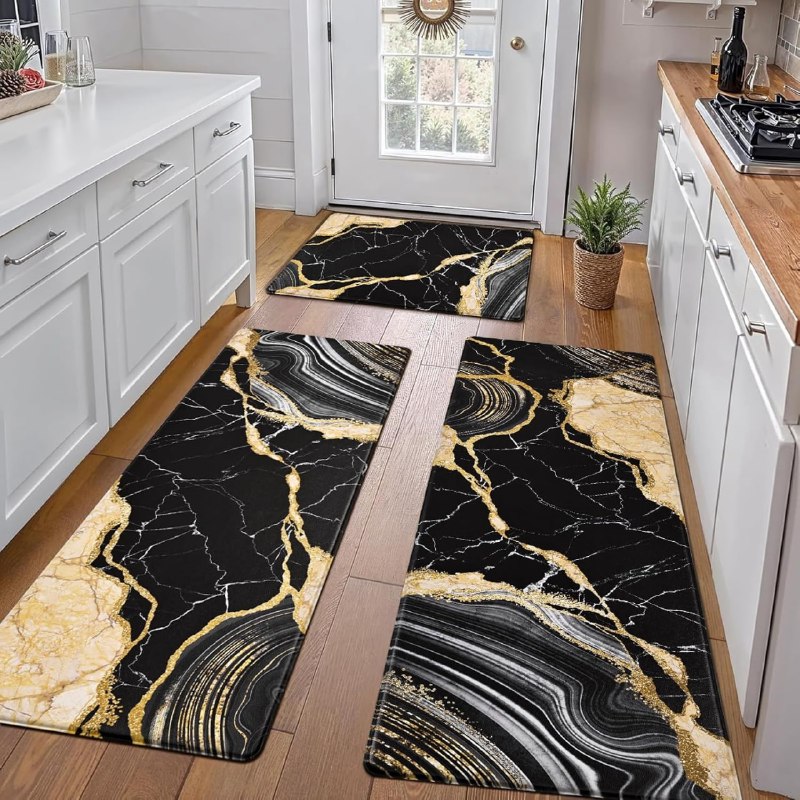 PR!CE DROP ( ) 3 Piece Marble Kitchen Runner Rugs Set, Anti Fatigue Cushioned Kitchen Floor Mats, Black Gold Marble Kitchen Rugs Non Slip, PVC Waterproof Kitchen Mats 18'' x 30'' + 18'' x 48'' + 18'' x 60''