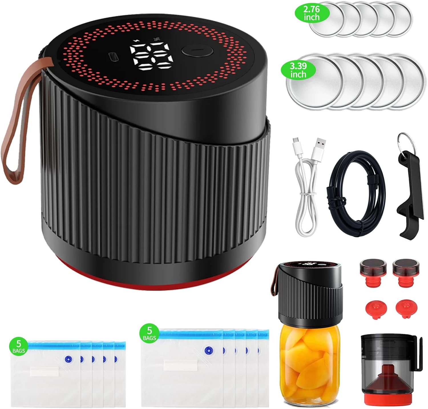 Electric Mason Jar Vacuum Sealer Kit for Wide and Regular Mouth Jars - Vacuum Sealer Machine with -80kpa Suction, Automatic One-Button Operation for Food Storage