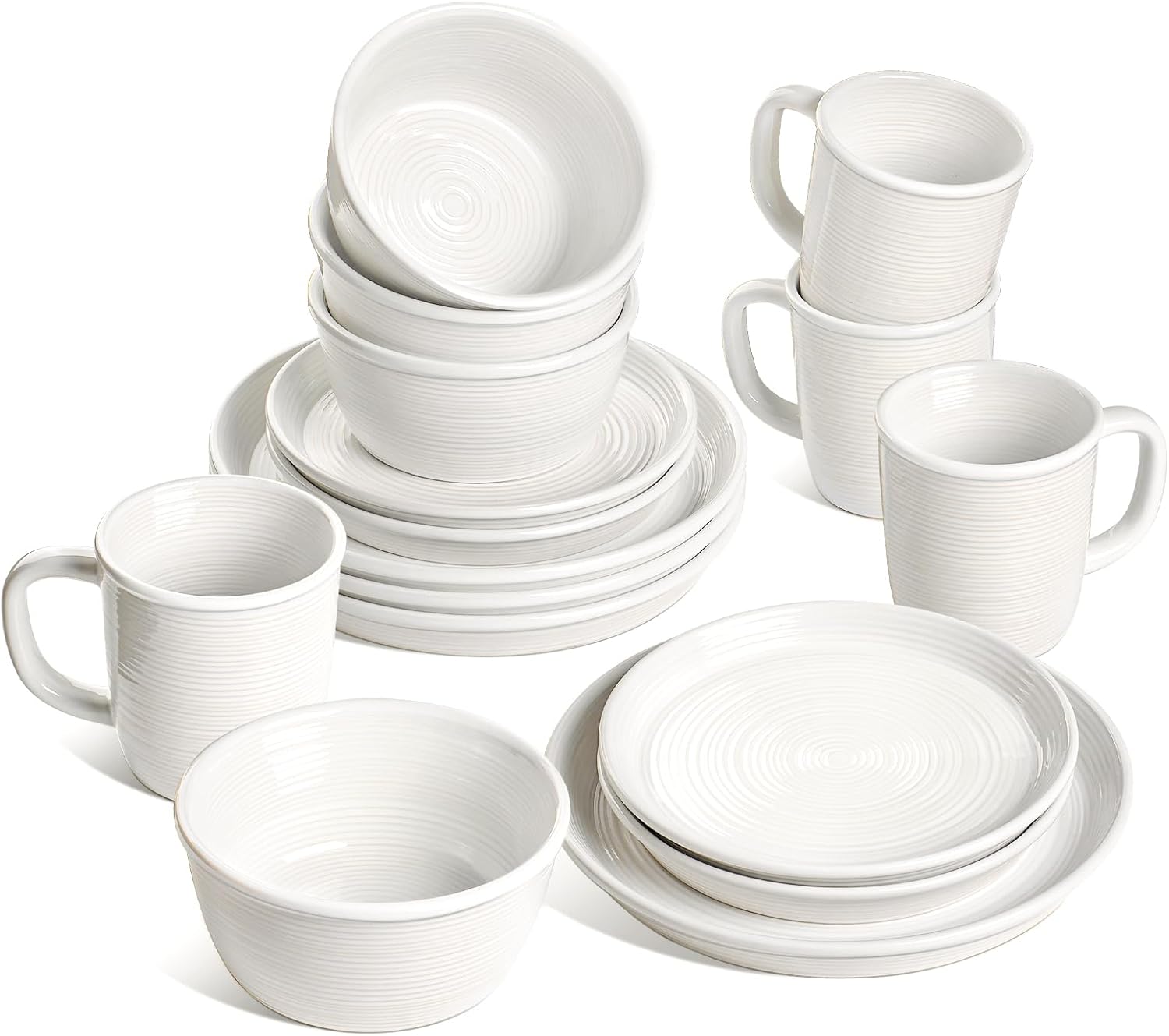LE TAUCI Dinnerware Sets with Mugs for 4, Stoneware Plates and Bowls Set, Stackable, Microwave & Dishwasher Safe Ceramic Dishes, 16-Piece, White (10" Dinner & 8" Salad Plates, 6" Bowls, 18 oz Cups)