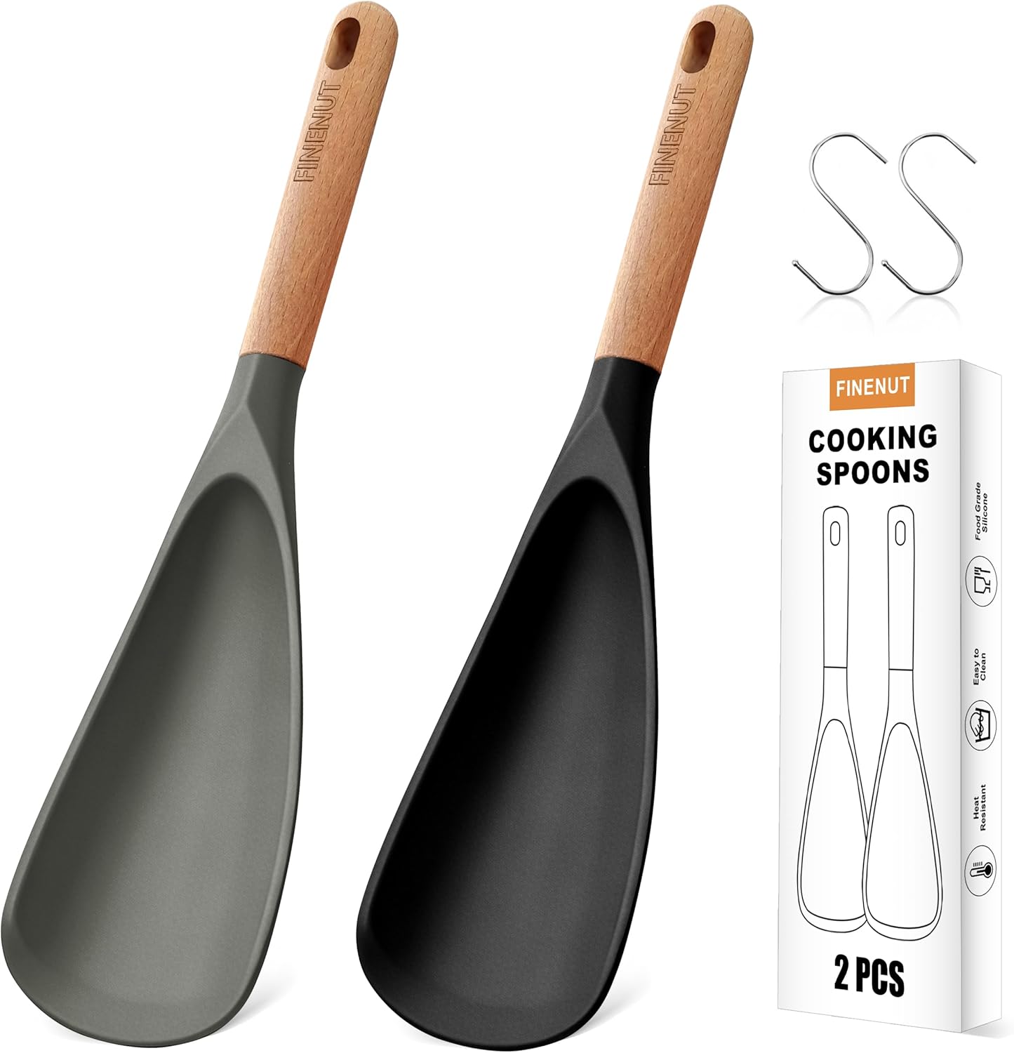 2-Pack Silicone Cooking Spoons with Wood Handle & S-Hooks - Heat Resistant 446 F Spoonula for Nonstick Cookware - BPA Free Multifunction Spatula Spoon for Mixing, Scooping&Serving