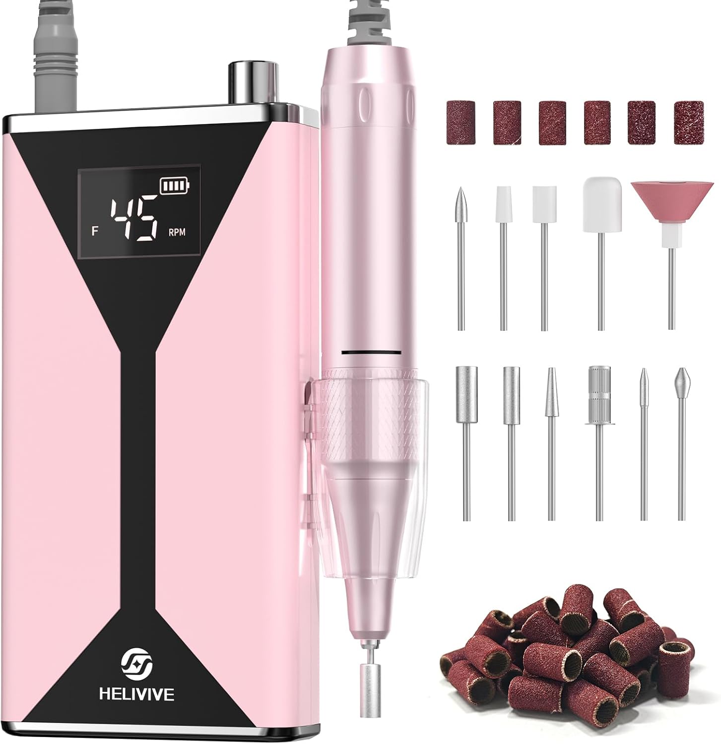 Professional Electric Nail Drill 45000RPM (Portable & Rechargeable) (with 11 Drill Bits ) Cordless Nail File Machine for Shaping, Polishing & Removing Gel Nails for Salon Home (Pink)
