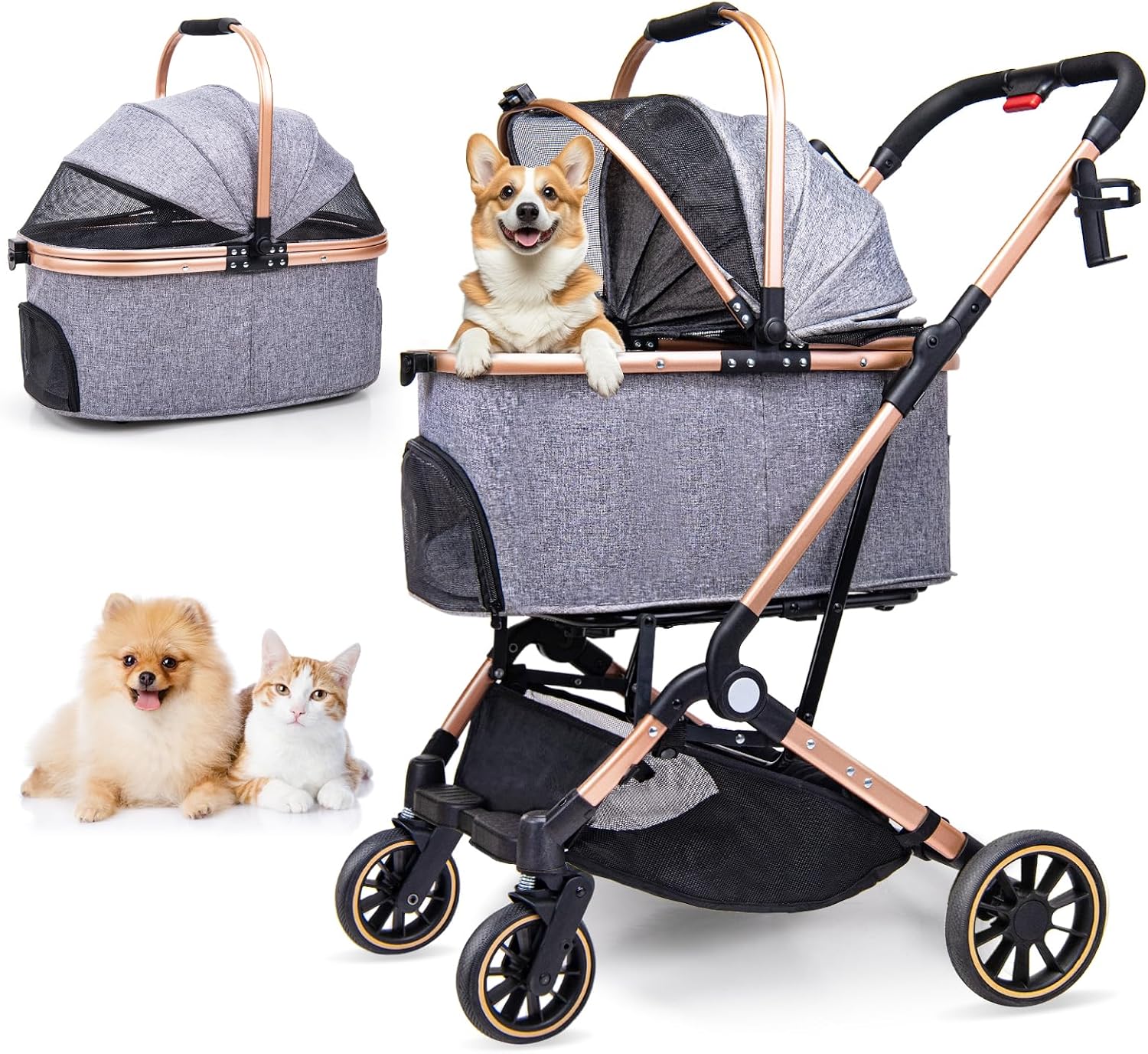 Dog Stroller for Dogs - 3 in 1 Pet Stroller with Detachable Storage Basket 4 All-Terrain Rubber Wheels Pull Rod Durable Travel Carrier for Max 45 lbs Medium Dogs 2 Small Cats