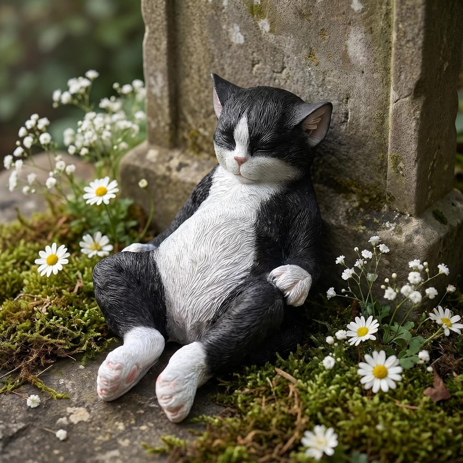 Cat Statue Outdoor Cat Figurines Garden Decor, Black & White Cat Statue Figurine Decor Sculpture for Patio, Yard, Resting Tuxedo Cat Statues for Indoor Table Accessory, Gift for Mom & Cat Lovers