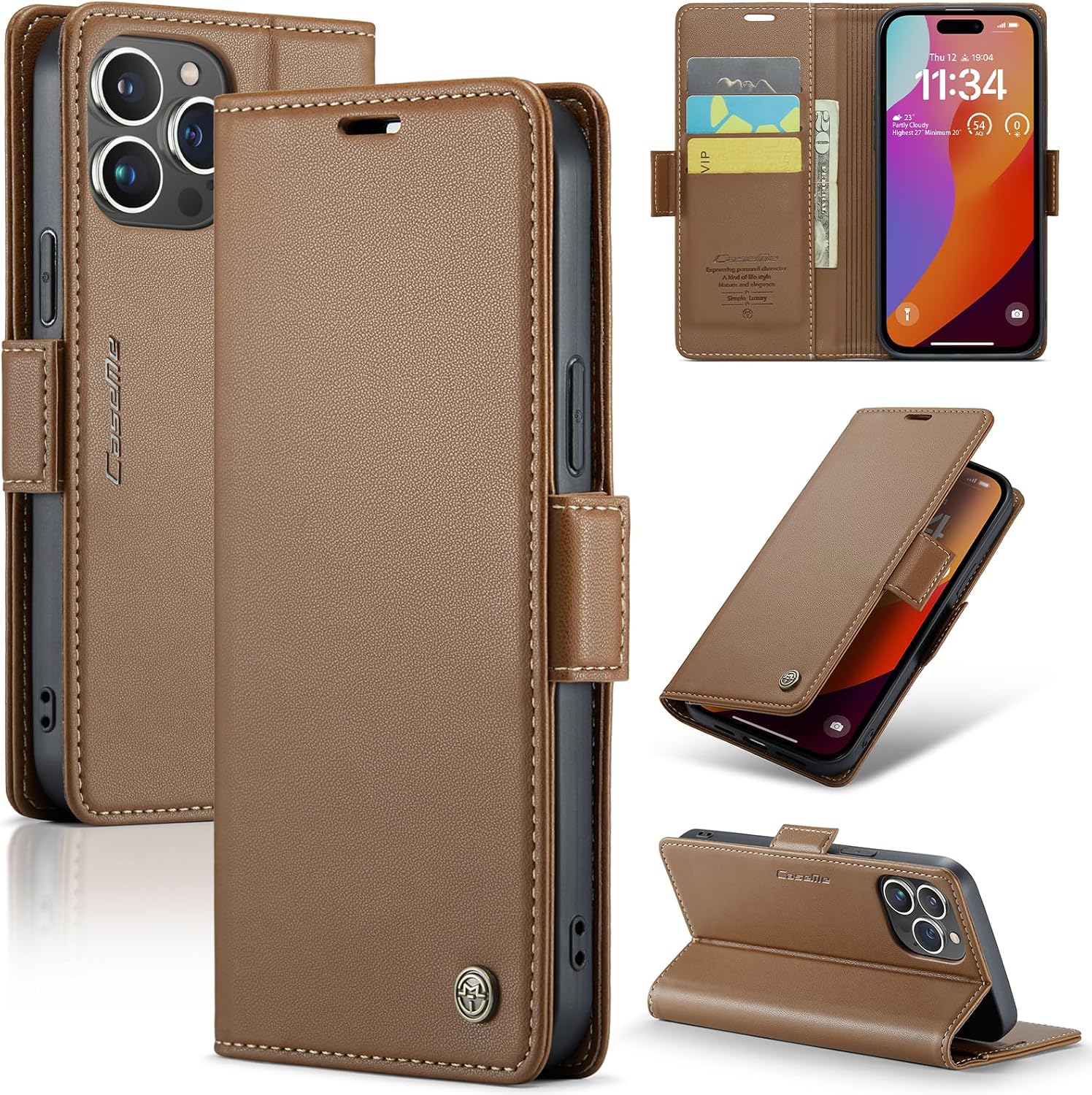 for iPhone 15 Pro Wallet Case with RFID Blocking, Brown