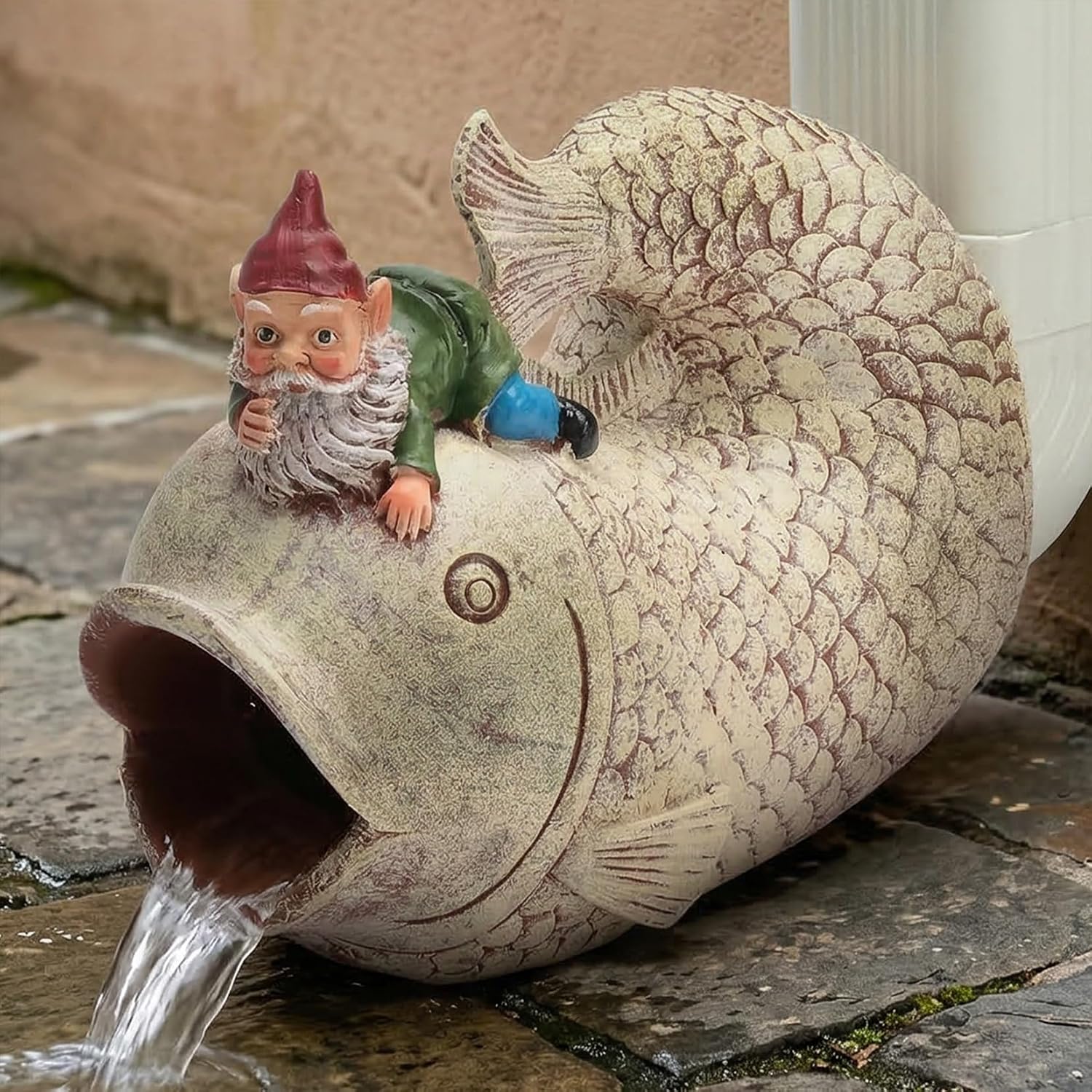 Elenon Fish with Gnome Decorative Gutter Downspout Extension Statue, Gutter Guardian Rain Downspout Extender, Garden Splash Block Outdoor Sculpture for 3" × 4" Down Spouts Decor