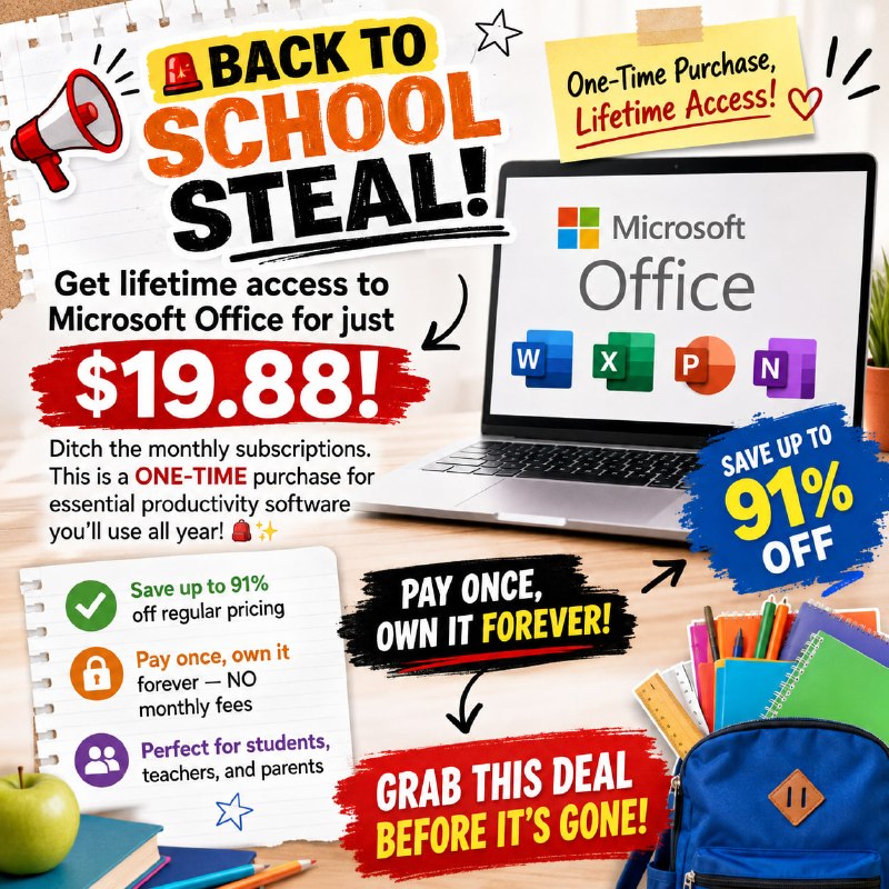 BACK TO SCHOOL STEAL! Get lifetime access to Microsoft Office for just