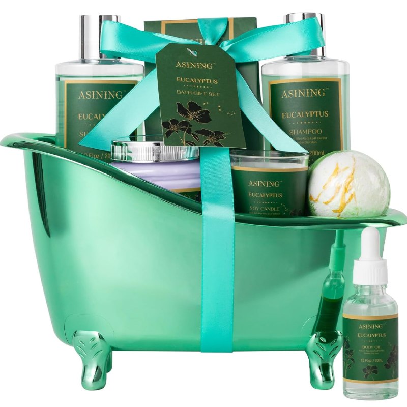 PR!CE DROP ( ) Home Spa Gift Basket - Eucalyptus- Spa Bath Kit 9pc Bath & Body Set For Men & Women, Contains Shower Gel, Shampoo, Scents Lotion, Body Oil, Bath Salt, flowers Bath Bomb, Spa Basket