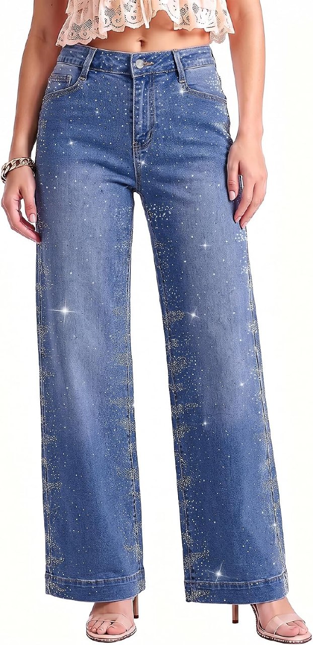 Luvamia Rhinestone Wide Leg Jeans