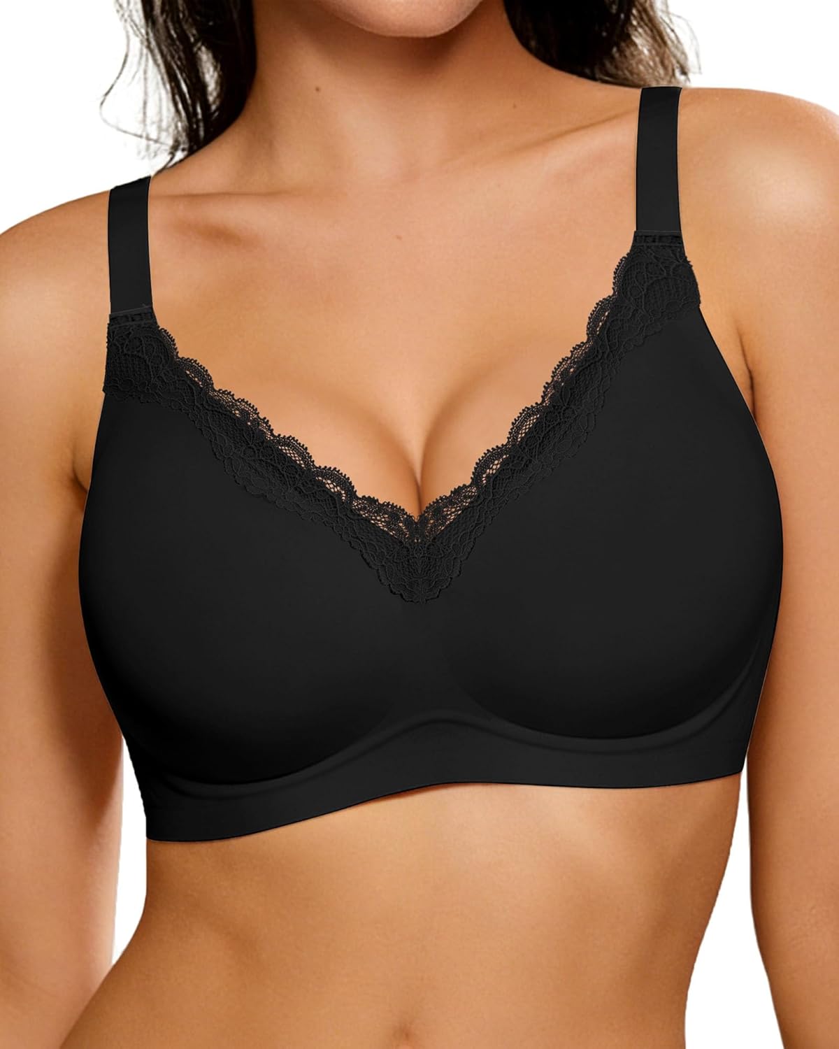 HORISUN Wireless No Underwire Bra for Women V-Neck Lace Trim Seamless Bra