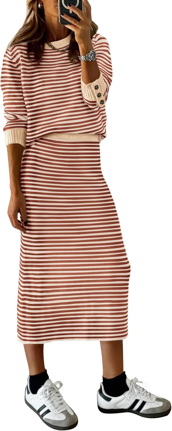 Prettygarden Striped Sweater Skirt Sets