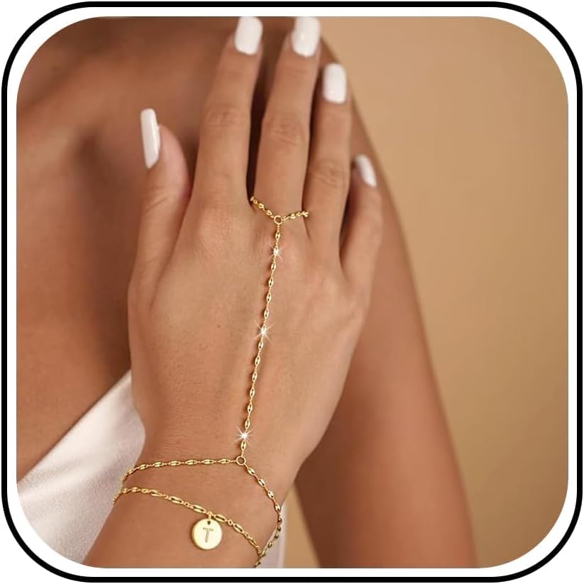 Hand Chain Gold Initial Bracelet for Women Ring Bracelet Hand Chain Layered Dainty Gold Letter Trendy Jewelry Birthday Gifts