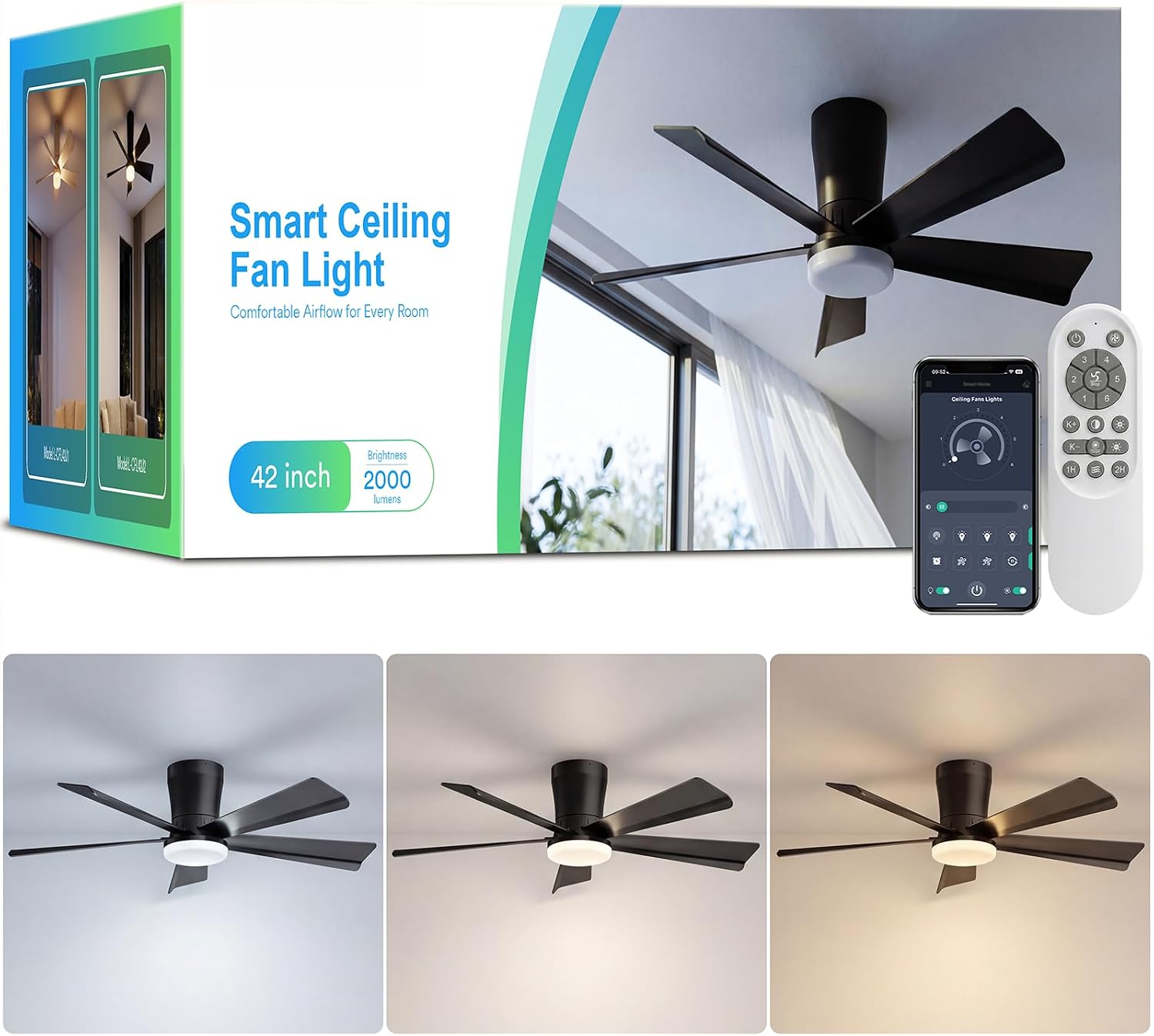 42 Inch Ceiling Fan with Lights and Remote, Bluetooth App Control, Black