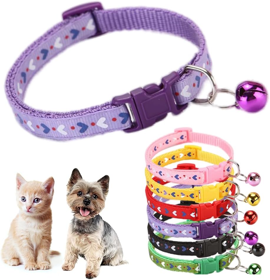 Purple Kitten Collar with Bell,Love Pattern Cat Collar Girl Cute Fancy Puppy Collar with Bells for XXS XS Tiny Little Kitten Pet Female Dogs,Neck 7-12 Inch
