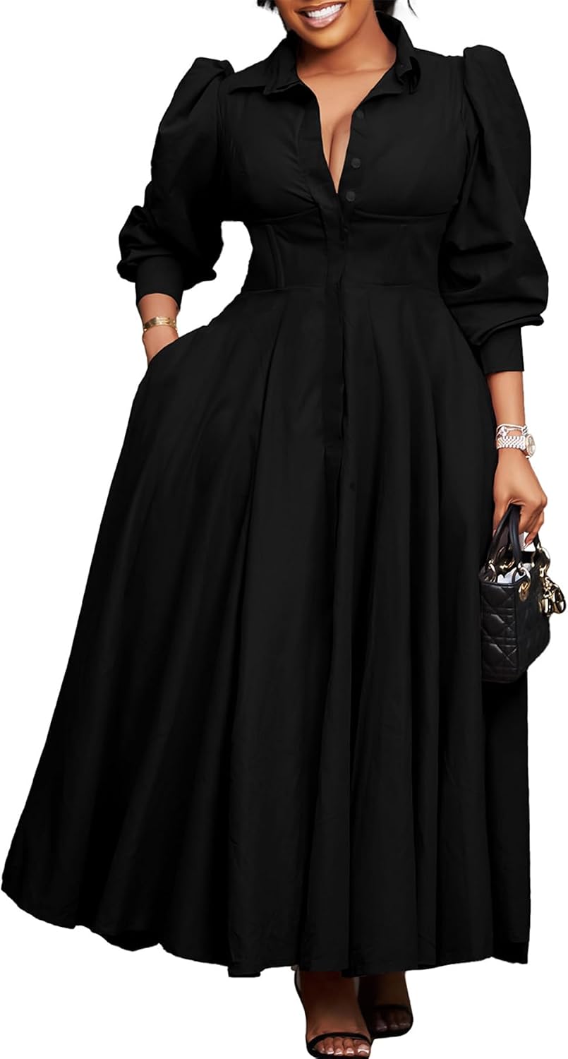 LAJIOJIO Women's Shirt Maxi Dresses Casual,V Neck Button Down Long Sleeve Swing Pleated Dress with Pockets