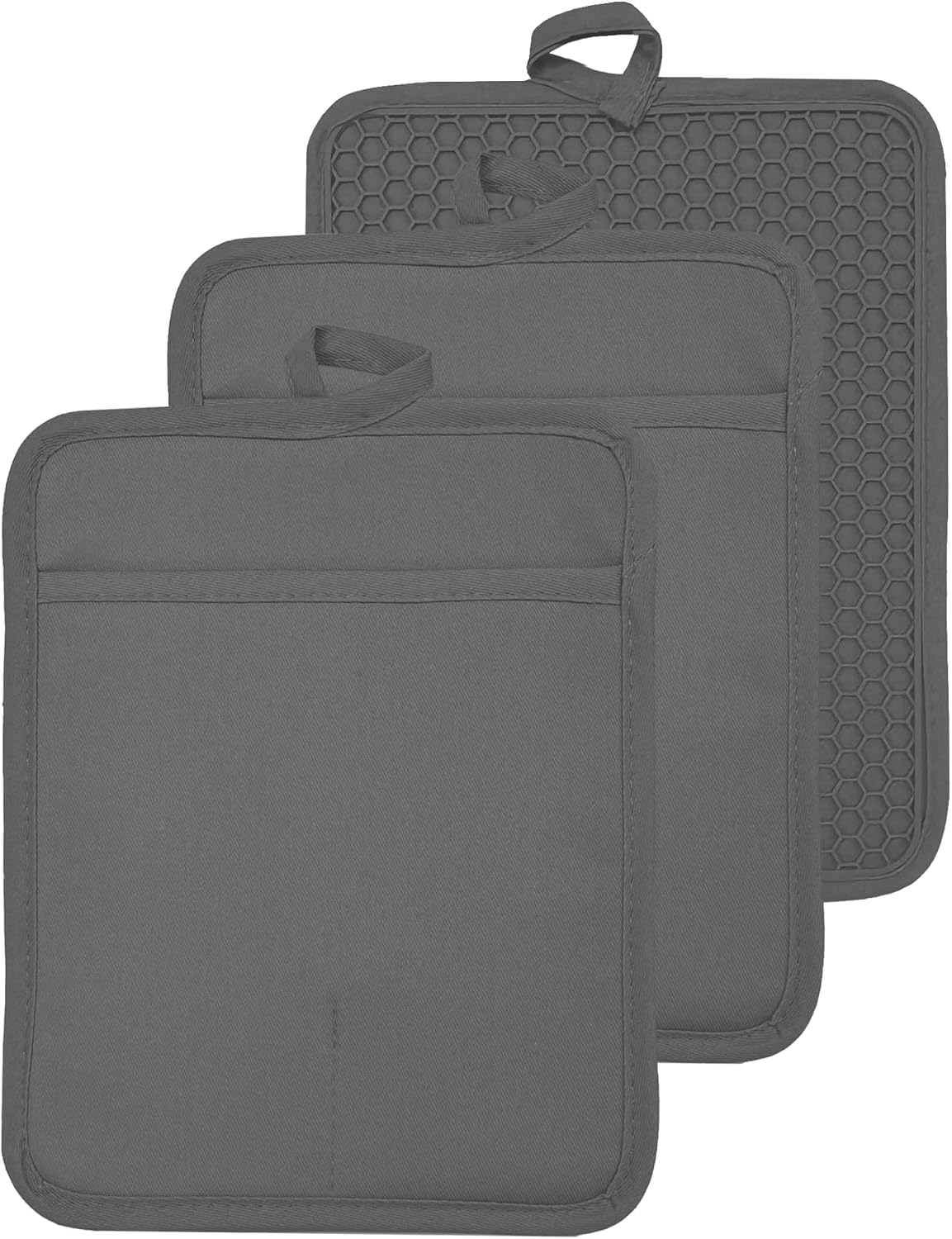 VEIKERY Oven Pot Holder with Pocket Cotton Heat Resistant Coaster Potholder Kitchen Hot Pad Oven Mitts for Cooking and Baking Square 7"x9" (Grey, Silicone)