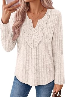 Women Lace V Neck Long Sleeve Tops Fall