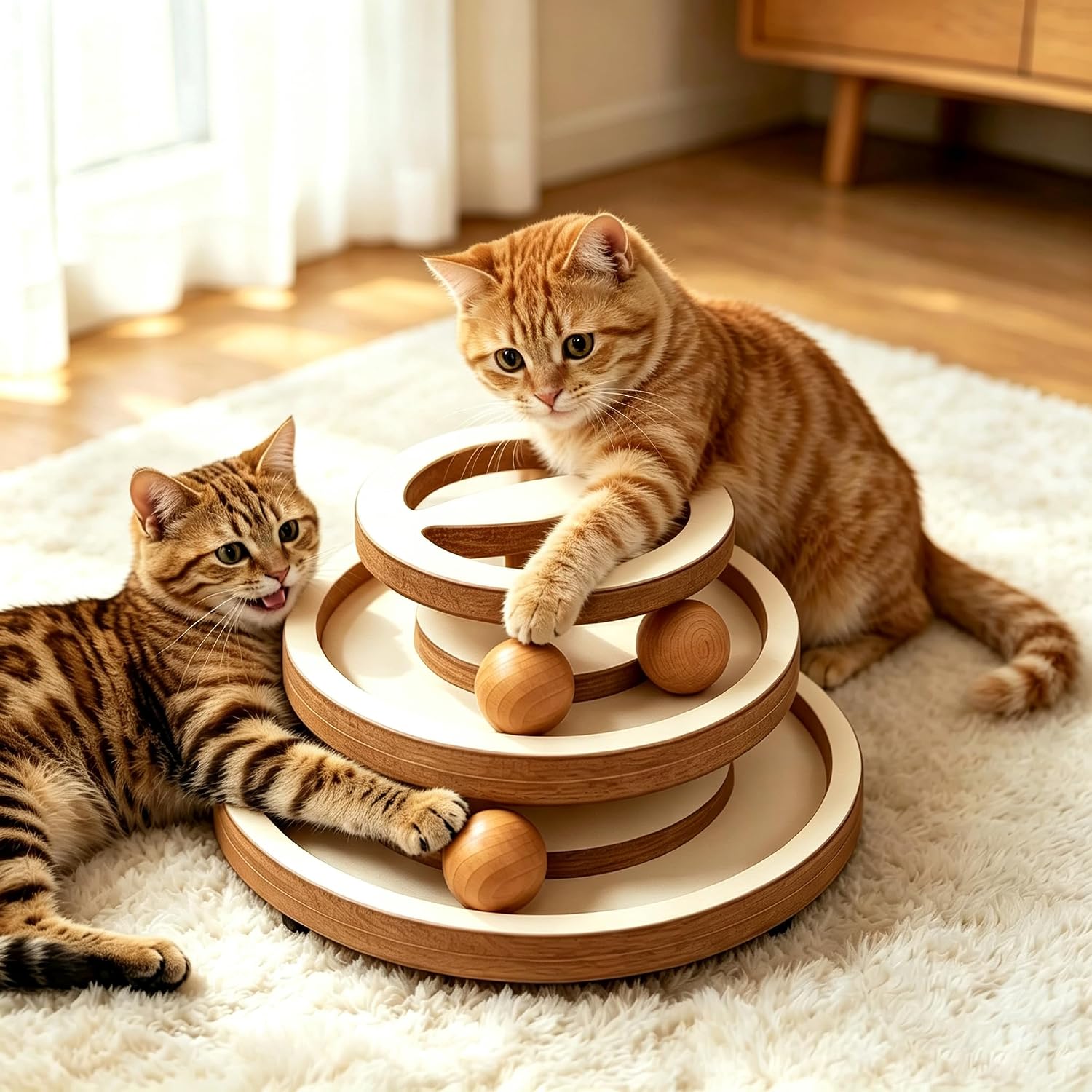 Lulu's world Cat Ball Track Toy,Natural Wooden Kitty Toys Roller,3-Level Tower with Puzzle Top,Fully Assembled Interactive Fun Toy for Kitten Mental Physical Exercise-11-Inch