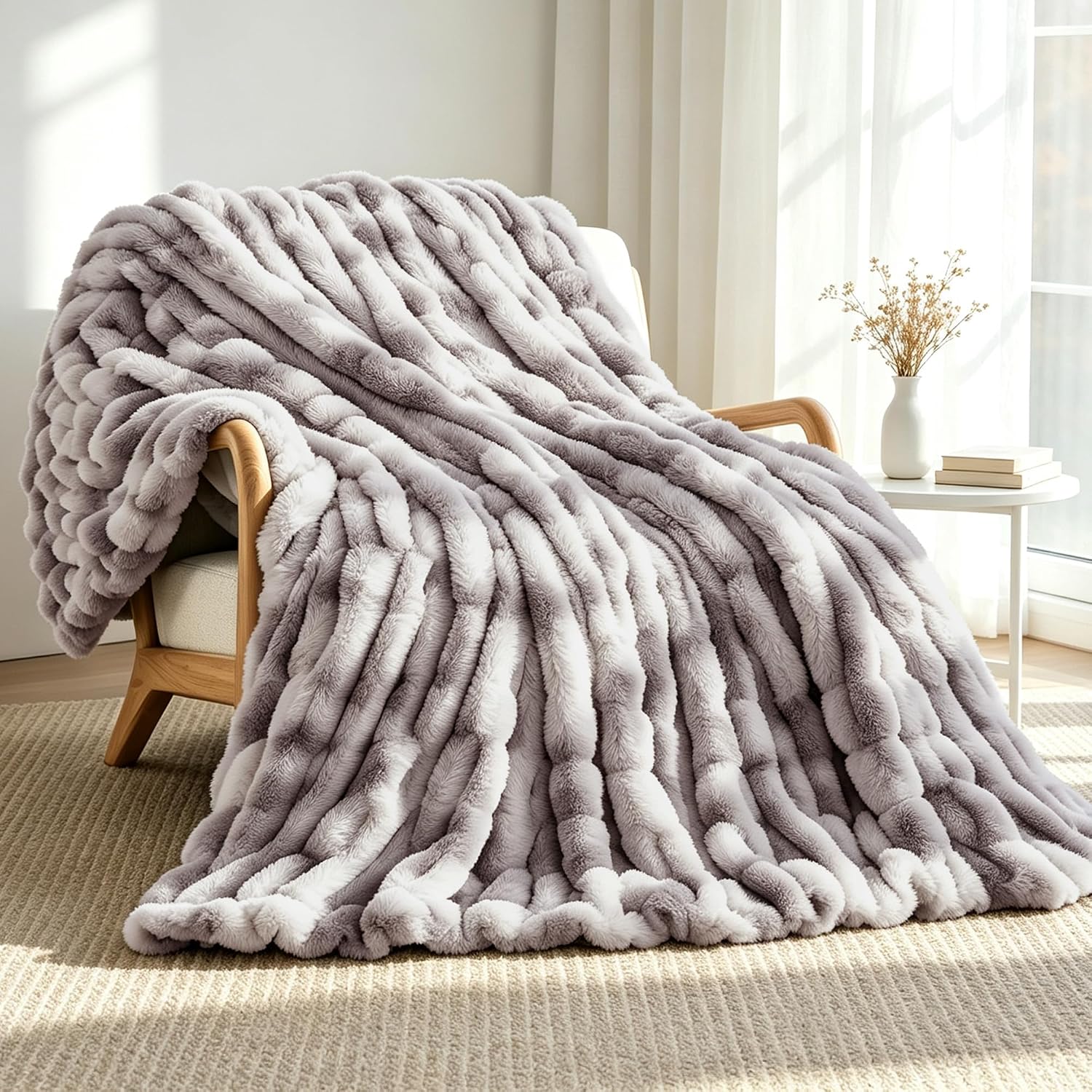 VFROO Ruched Faux Fur Throw Blankets