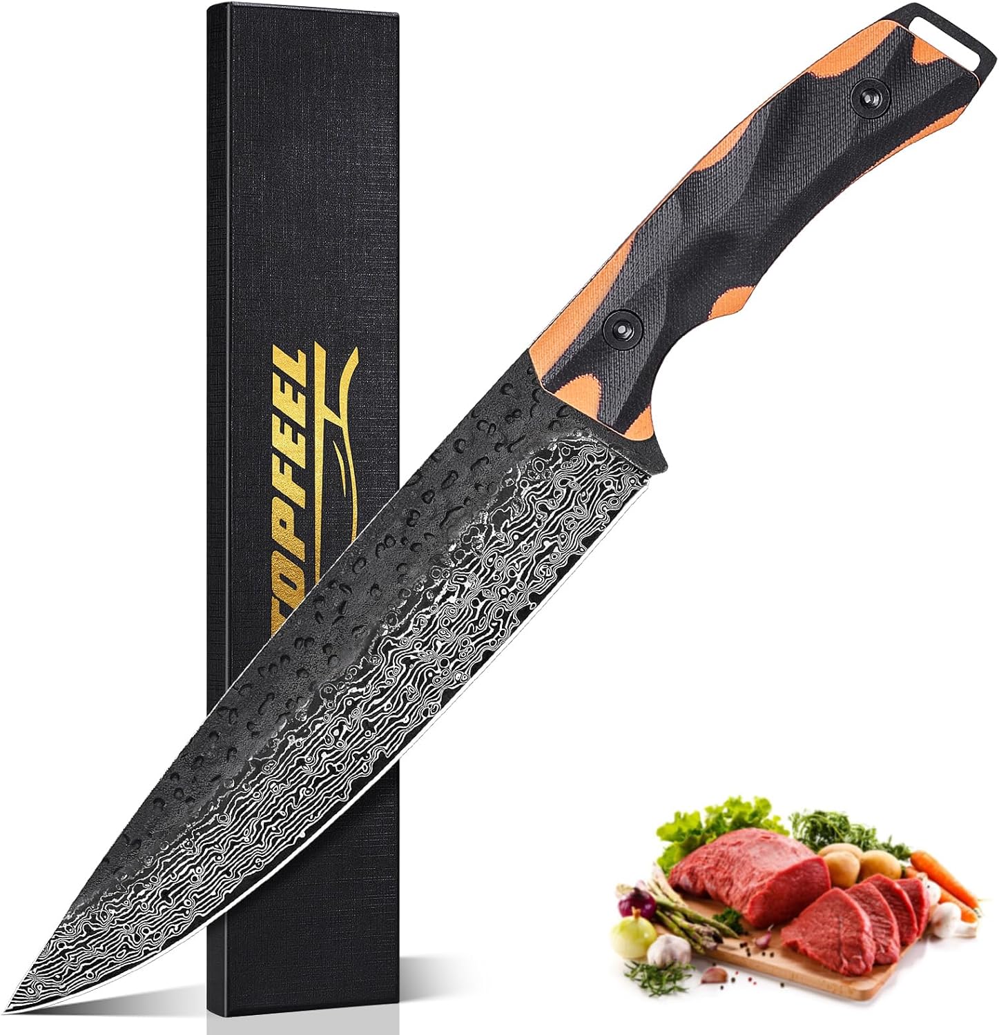 8 Inch Damascus Chef Knife, G10 Handle, Black Forged Kitchen Knives