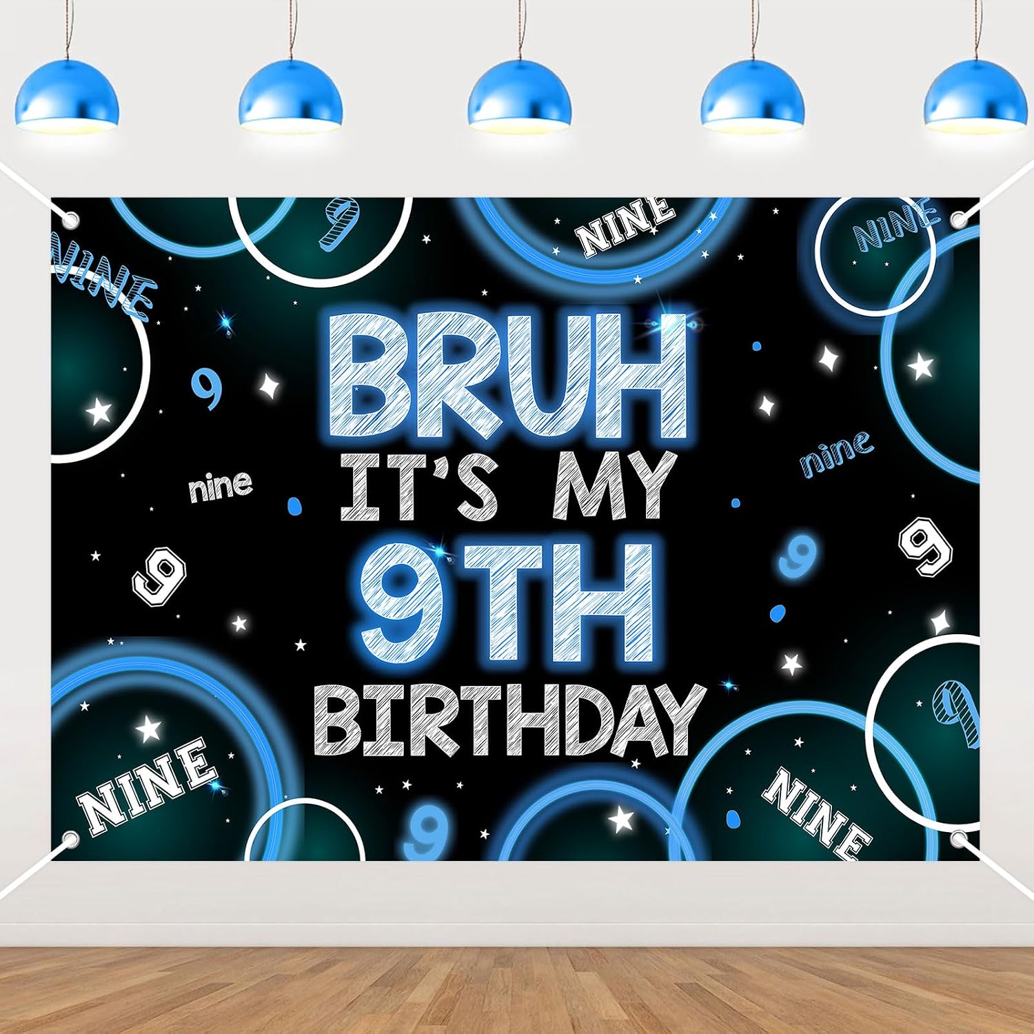 Bruh It’s My 9th Birthday Decor 7 * 5ft Bruh It’s My 9th Birthday Backdrop Banner Blue Black 9th Birthday Decor for Boy Happy Ninth Bday Party Supplies Cheers to Nine Years Old