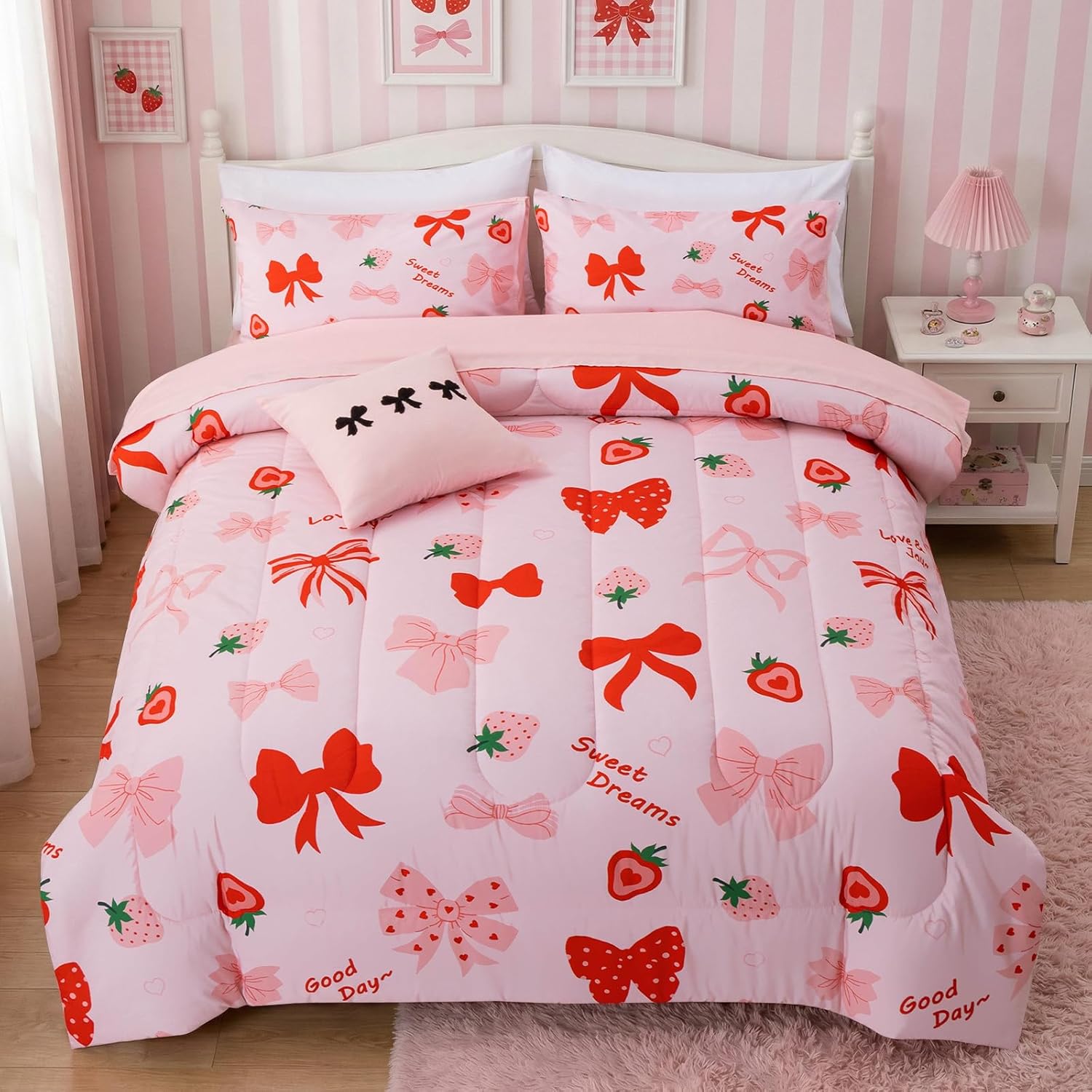 Aimuan Red Bow Comforter Set Blush Bowknot Bedding Set for Girls Kids Princess Style Strawberry Printed 6 Piece Bed in a Bag (Blush Red, Full 6Pcs)
