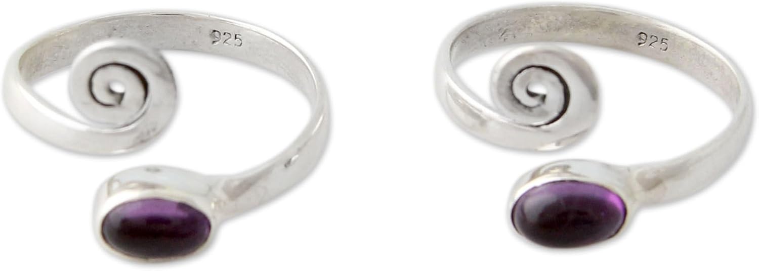 NOVICA Artisan Handmade Amethyst Toe Rings Sterling Silver from India Pair Purple Ultra Violet Birthstone ring Front 0.4 in L x 0.4 in W x 0.2 in H Band Width 2 mm W ' Curls' Pair