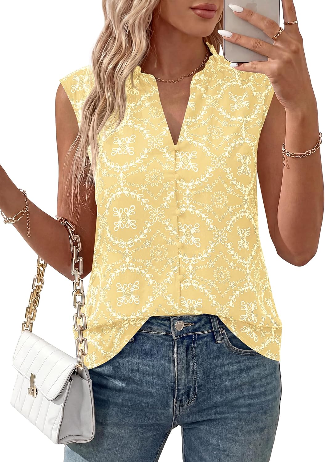 BTFBM Boho Tops for Women Summer Outfits Eyelet Embroidered Sleeveless Button Down Shirts Beach Vacation Clothes 2026