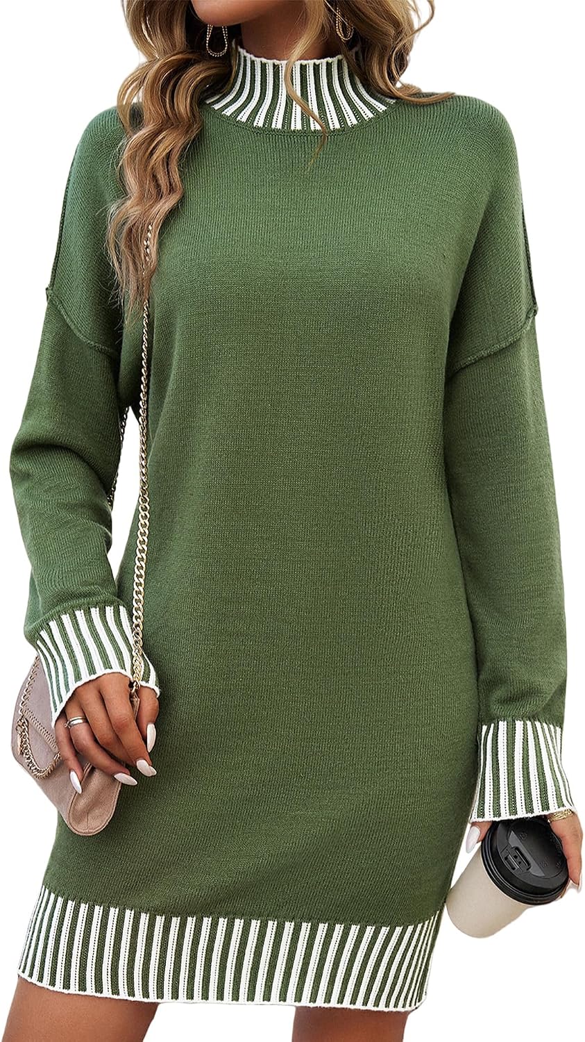 Color Block Sweater Dress for Women Mini - Long Sleeve, Mock Neck, Short Knit Dresses, Casual Fall Dresses
