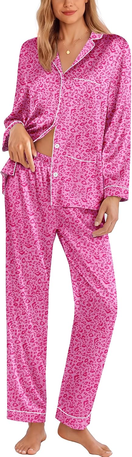 Ekouaer Womens Pajamas Set Silk Satin Long Sleeve Loungewear Home Outdoor