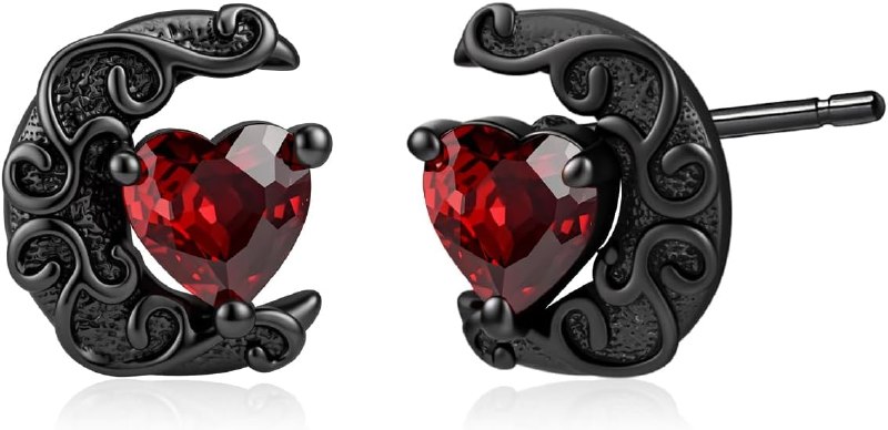 Goth Black Ruby Heart Moon Stud Earrings Retro Dark Earrings for Women Gothic Jewelry