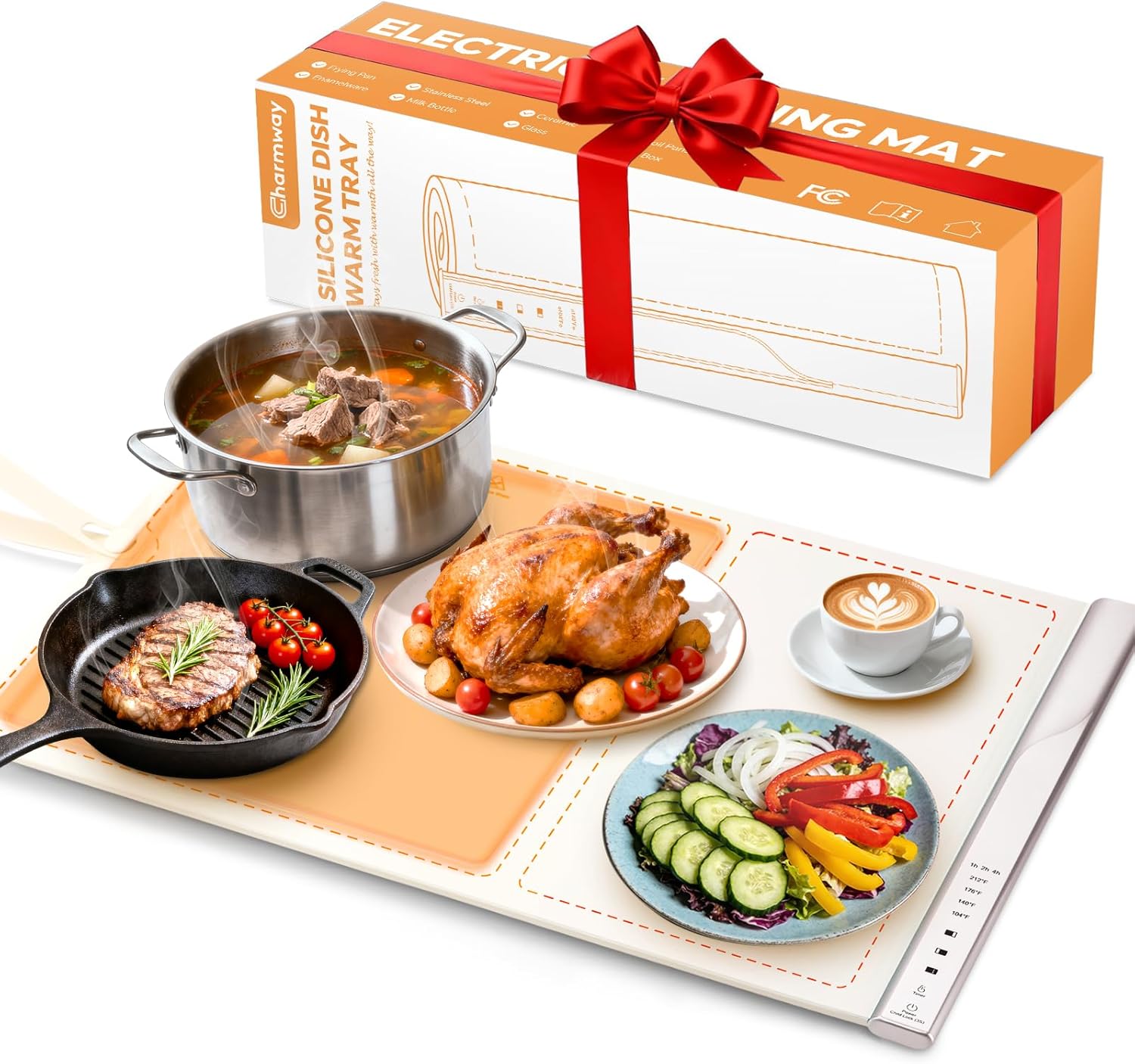 Electric Food Warming Mat with Dual-Zone Temp Control, Rollable Silicone