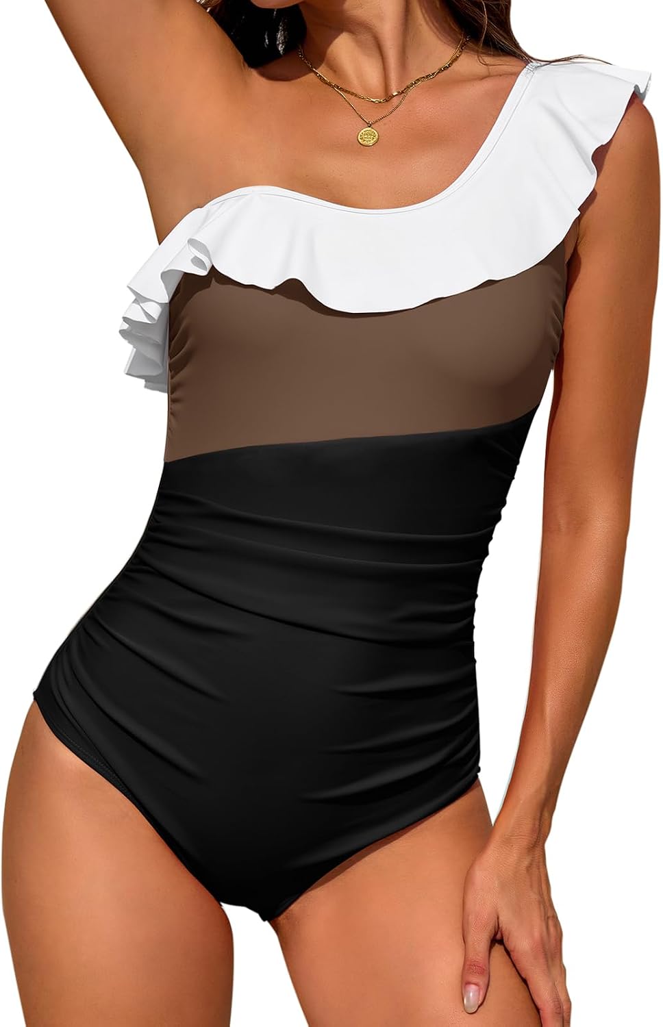 Women One Piece Swimsuit Tummy Control One Shoulder Color Block