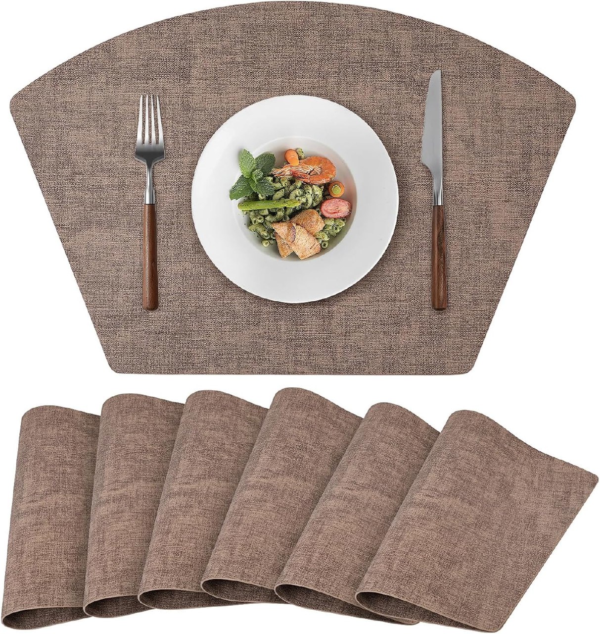 Round Table Placemats Set of 6, Faux Leather Wedge Shape Place Mats Heat Resistant Wipeable Washable Table Mats for Dining Outdoor Indoor, Brown