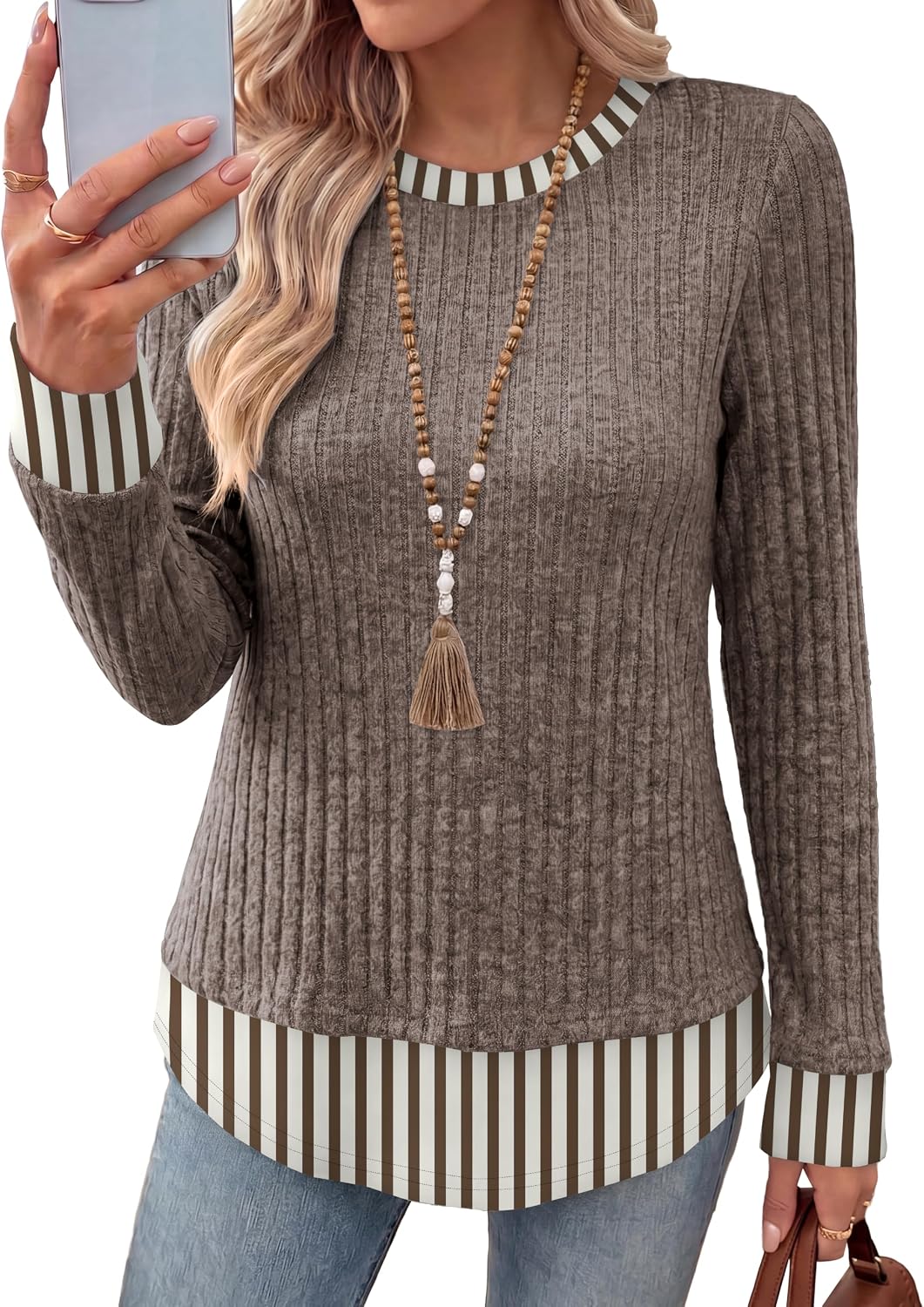 WIHOLL Womens Long Sleeve Shirts Lightweight Sweaters Tunic Tops Fall Outfits 2026 Color Block Fashion Clothing