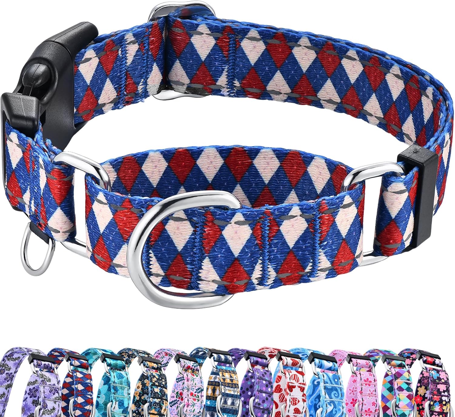 Reflective Martingale Dog Collar with Buckle Soft Nylon Geometric Patterns Pet Collars for Extra Small Dogs (Argyle, XS)