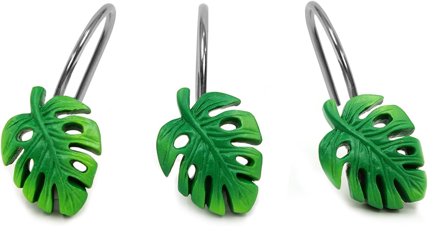12PCS Leaves Shower Curtain Hooks, Decorative Shower Curtain Rings, Green Plant Leaf Shower Hooks Rust Proof Stainless Steel Shower Curtain Hooks for Bathroom, Bedroom Room Decor (Monstera)