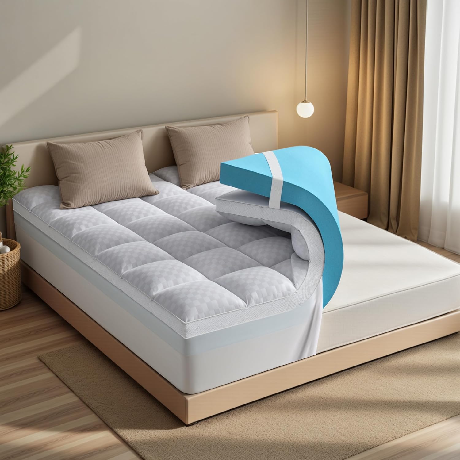 Dual Layer Memory Foam Mattress Topper for Pain Relief with 2X Support, 2" Fluffy Pillow Top California King Mattress Topper Plus 2" Odor-Free Cooling Gel Memory Foam Ultra Comfort Mattress Pad