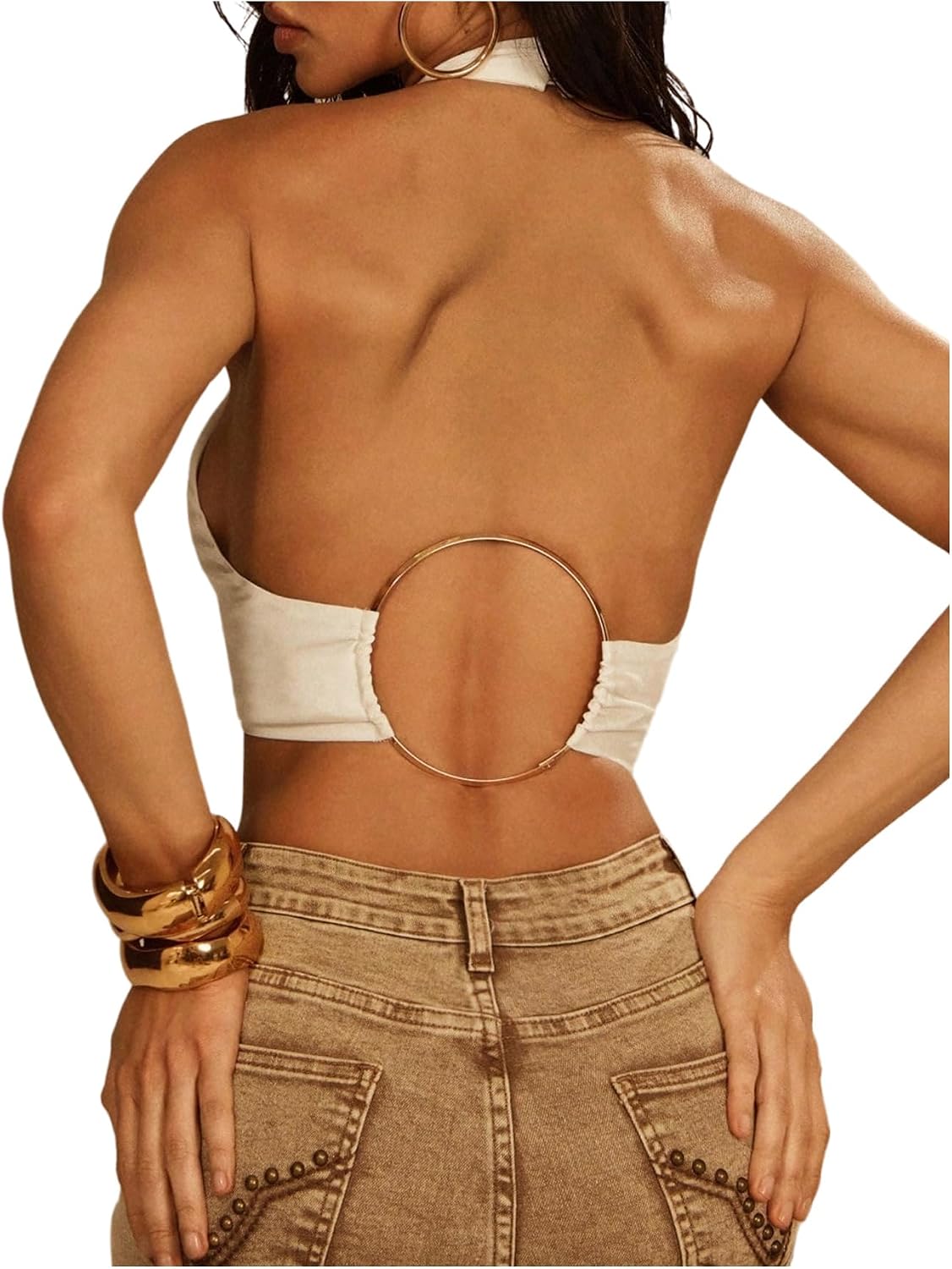 RoseSeek Women's Backless O Ring Halter Tops Cut Out Sleeveless Tie Front Crop Top Party Clubwear