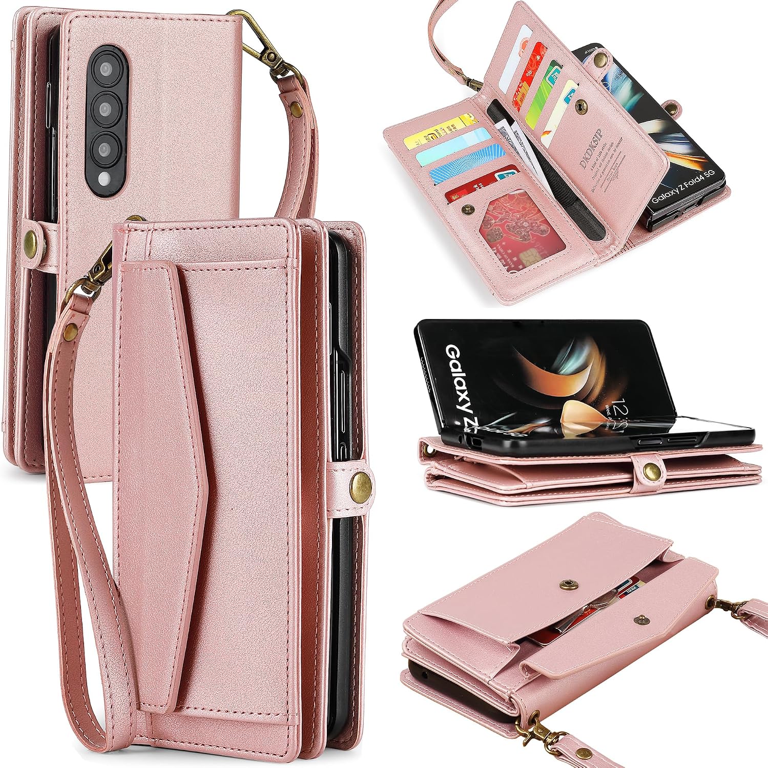 for Samsung Galaxy Z Fold 3 Wallet Case for Women with 【S Pen Holder】, RFID Blocking Card Holder, PU Leather Flip Phone Case with Crossbody Strap Wristlet Kickstand for Galaxy Z Fold 3, Pink