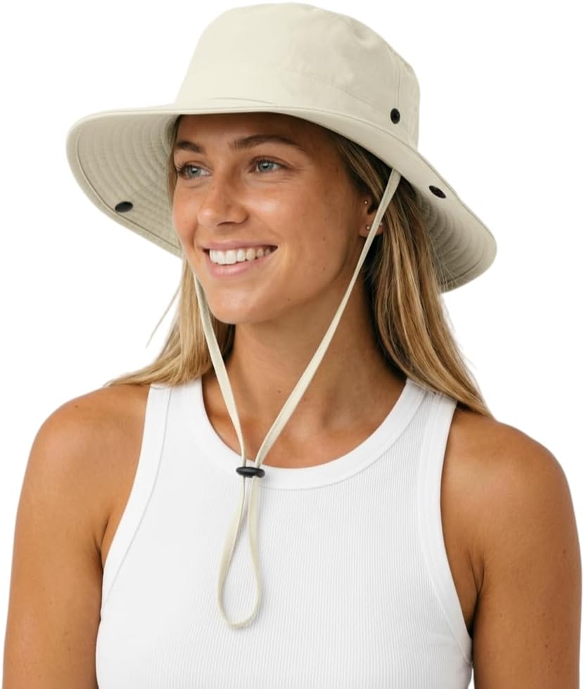 Summer Sun Hat for Women Wide Brim Outdoor Waterproof Hat Foldable Lightweight Hiking Cowboy Bucket Hat UPF 80+ (One Size,Beige
