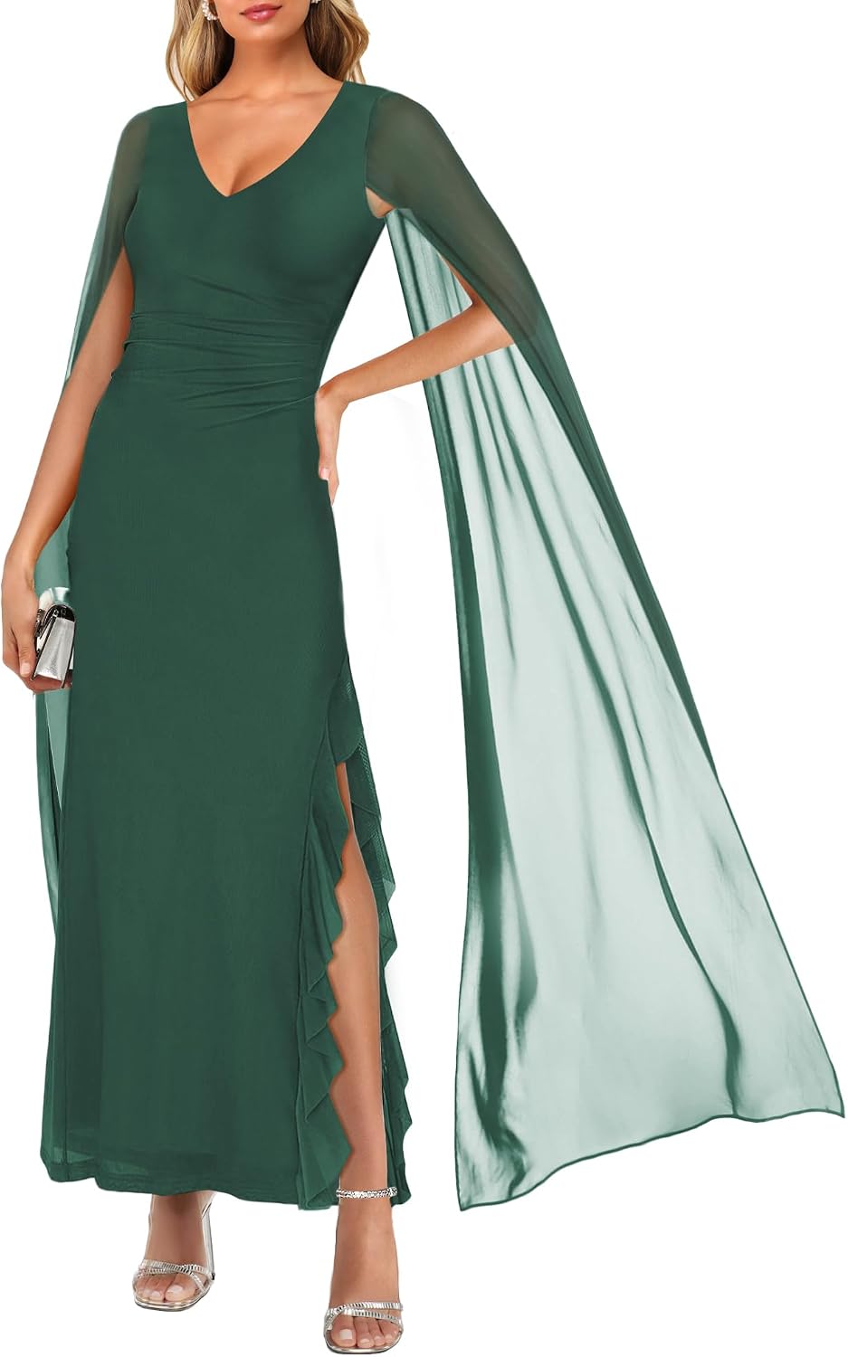 Women’s V Neck Sleeveless Split Formal Dress Cocktail Party Prom Long Dresses with Cape