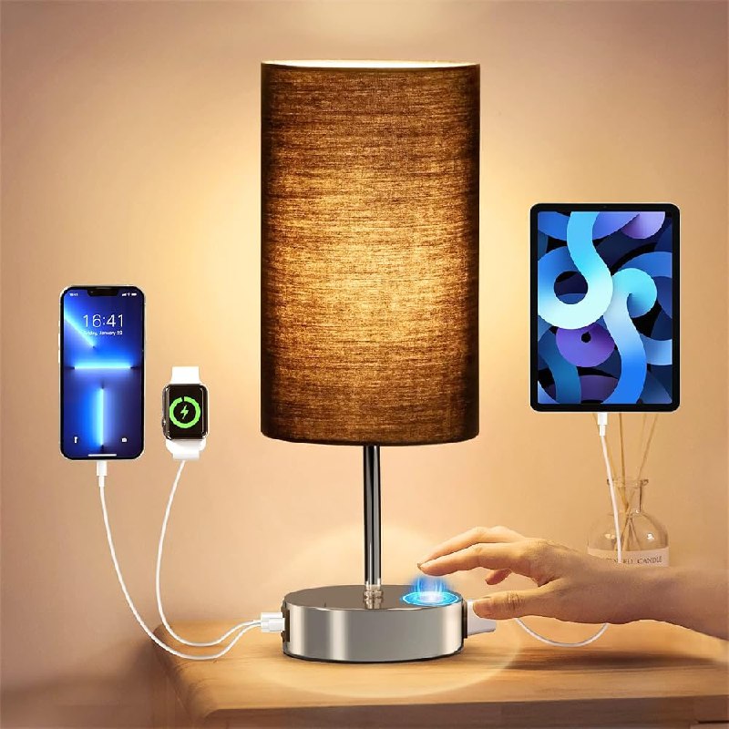 PR!CE DROP ( ) KPQ Bedside Lamp Touch Control Table Lamp with USB A+C Charging Ports & AC Outlet 3-Way Dimmable Nightstand Lamp with Linen Fabric Shade (Bright Silver Base/Black Shade, 14" Small Size Touch Control)