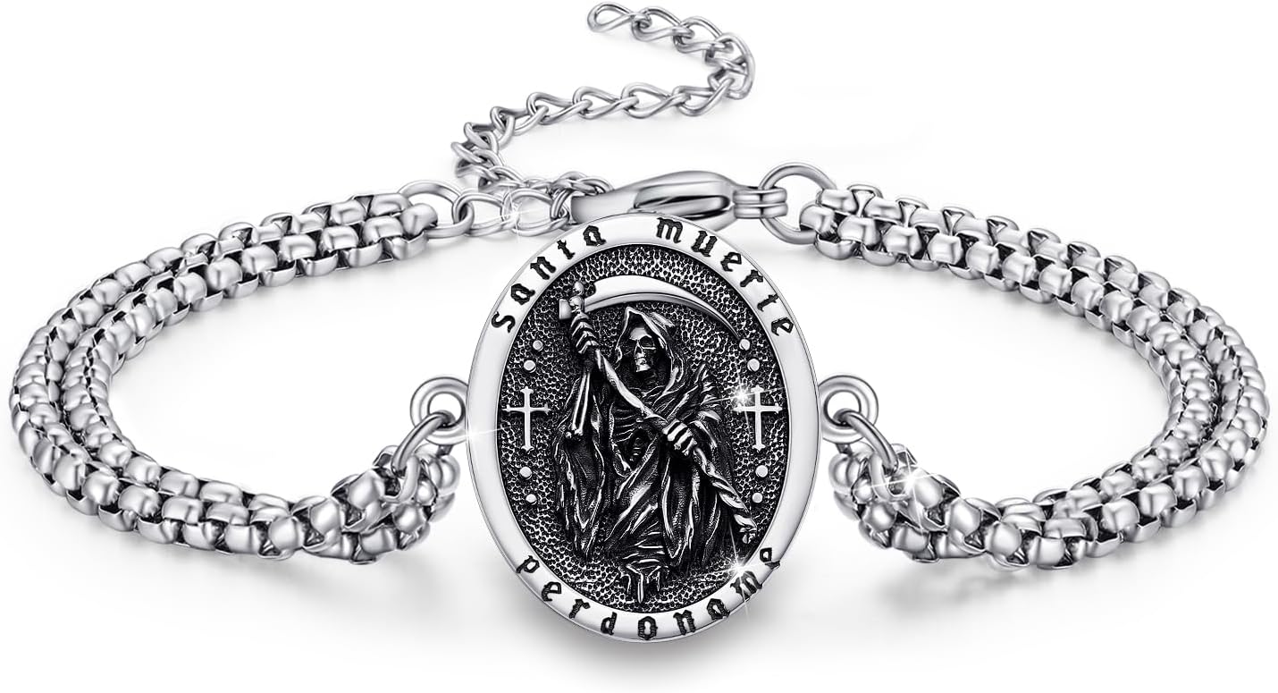 TRISHULA Santa Muerte Bracelet for Men 925 Sterling Silver Skull Adjustable Bracelet Gothic Skull Santa Muerte Jewelry Gift